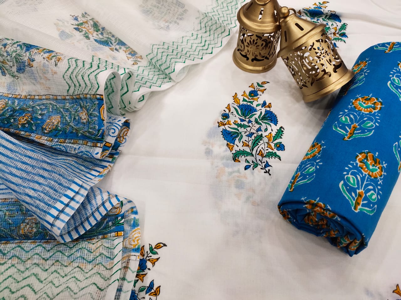 White & Blue Flower Print Cotton Suit Set with Kota Doria Duppatta