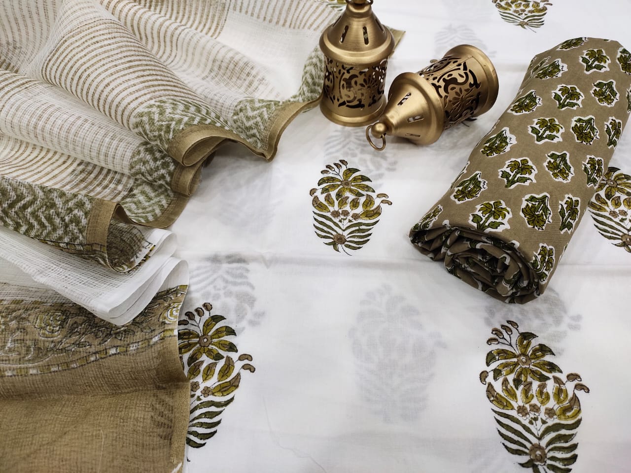 White & Green Flower Print Cotton Suit Set with Kota Doria Duppatta
