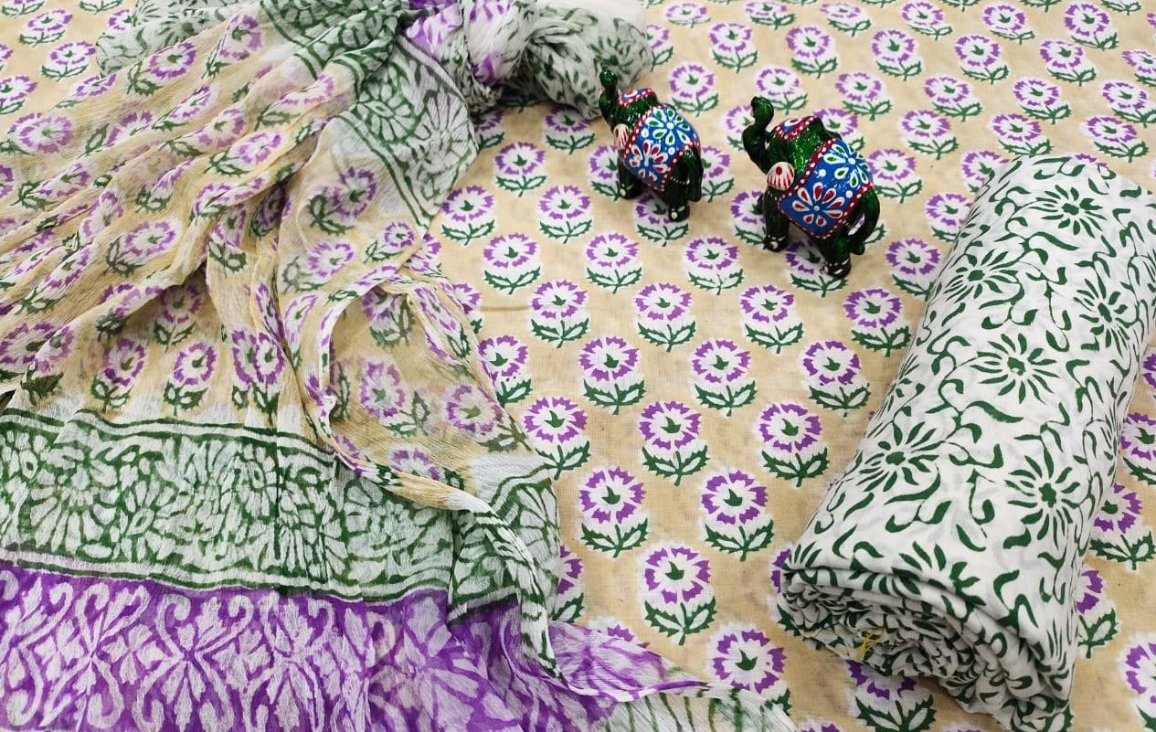Yellow & Violet Flower Print Cotton Unstitched Suit Set with Chiffon Dupatta