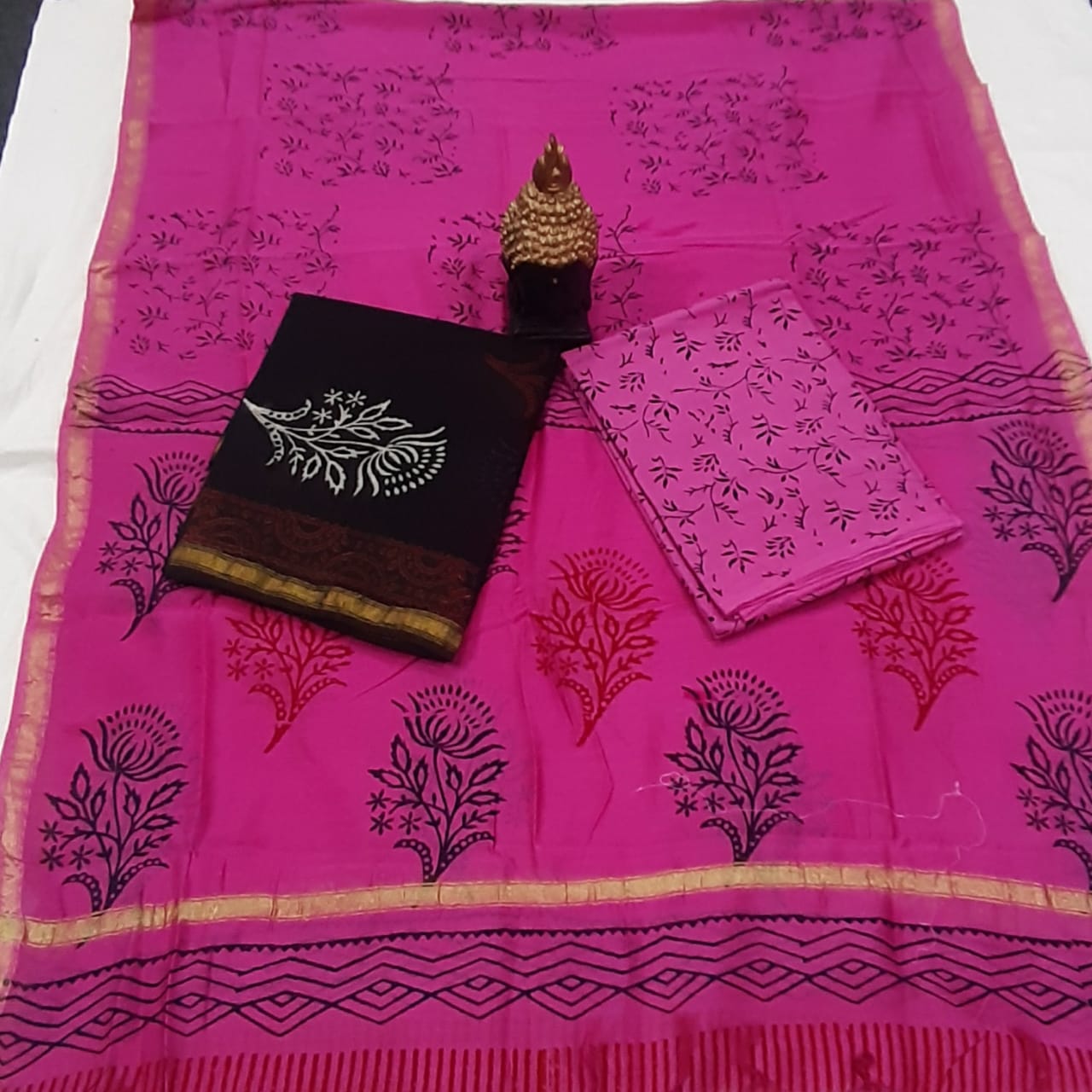 Dark Pink Flower Print Chanderi Unstitched Suit Set with Chanderi Dupatta