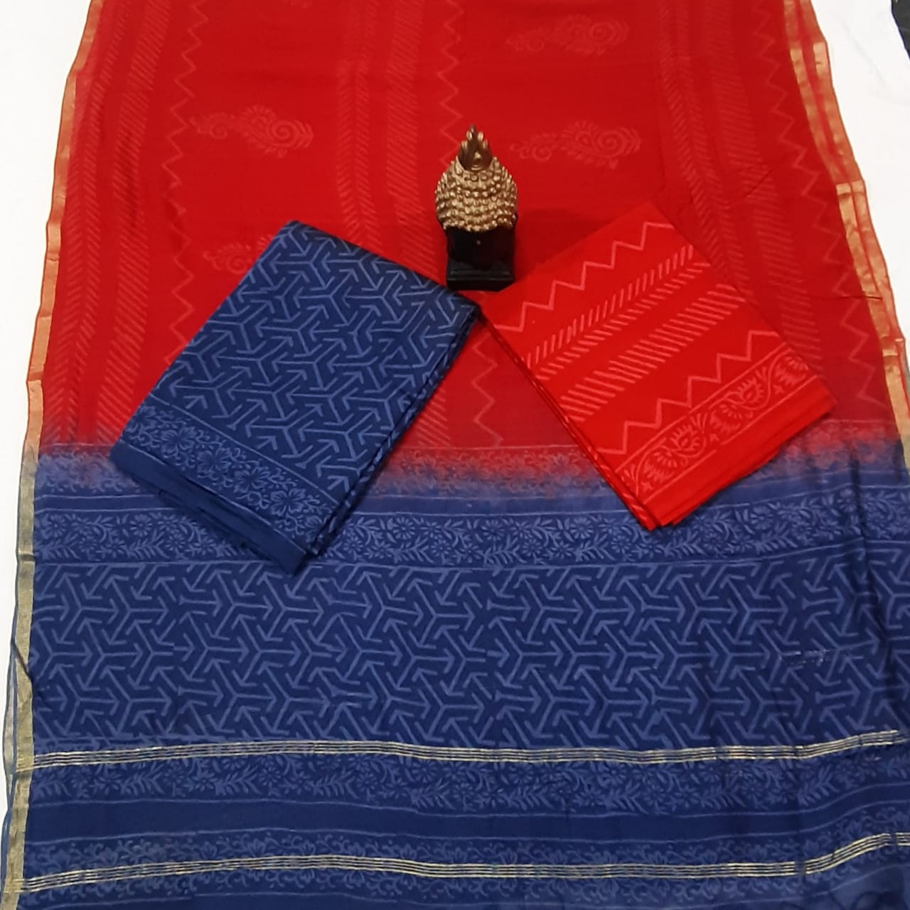 Red & Blue Buta Print Chanderi Unstitched Suit Set with Chanderi Dupatta