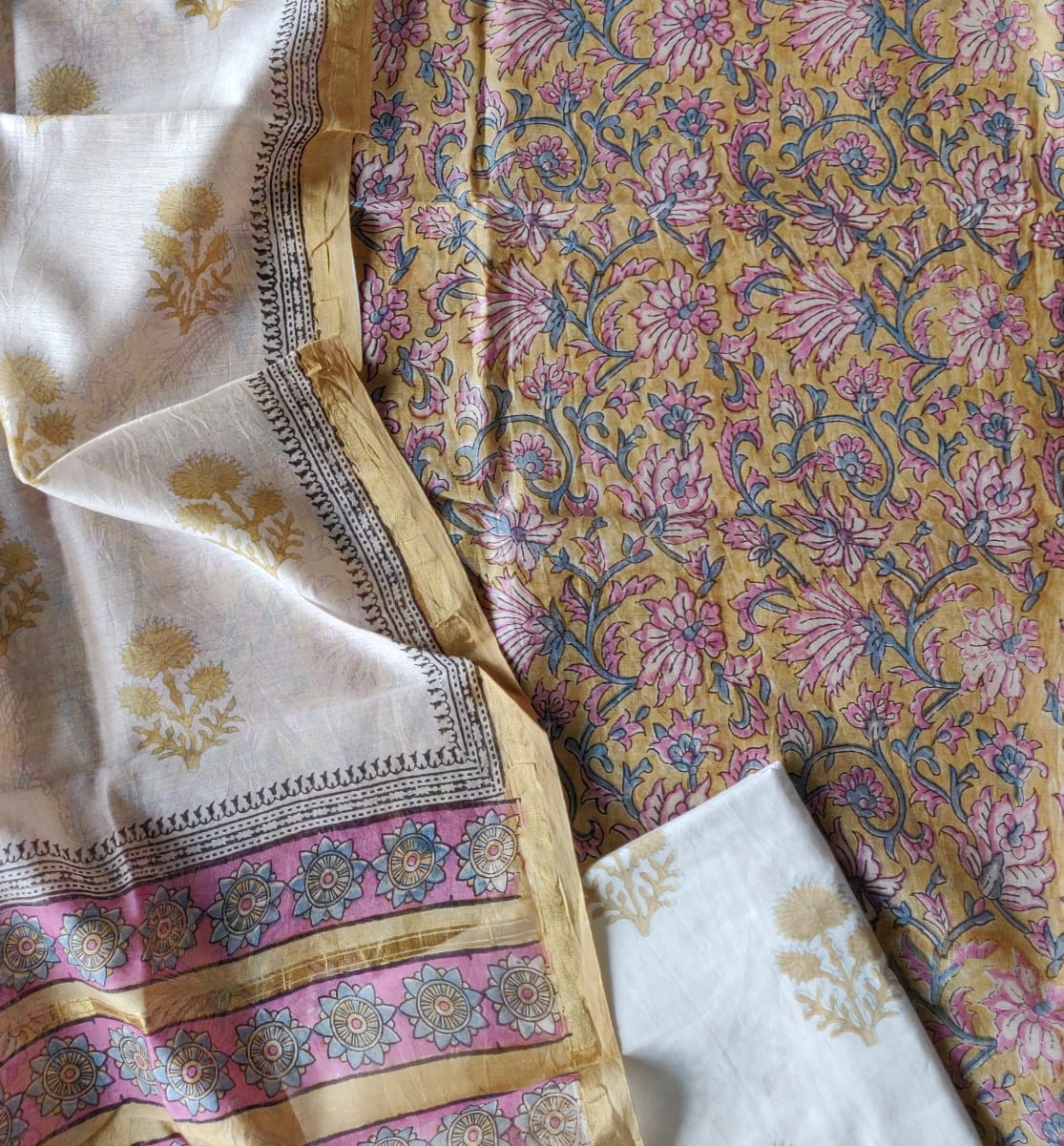 Cream Flower Print Chanderi Unstitched Suit Set with Chanderi Dupatta