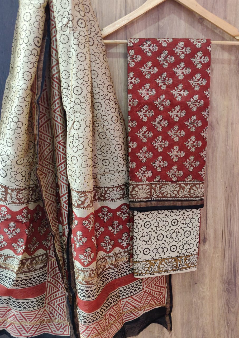 Cream & Red Flower Print Chanderi Unstitched Suit Set with Chanderi Dupatta