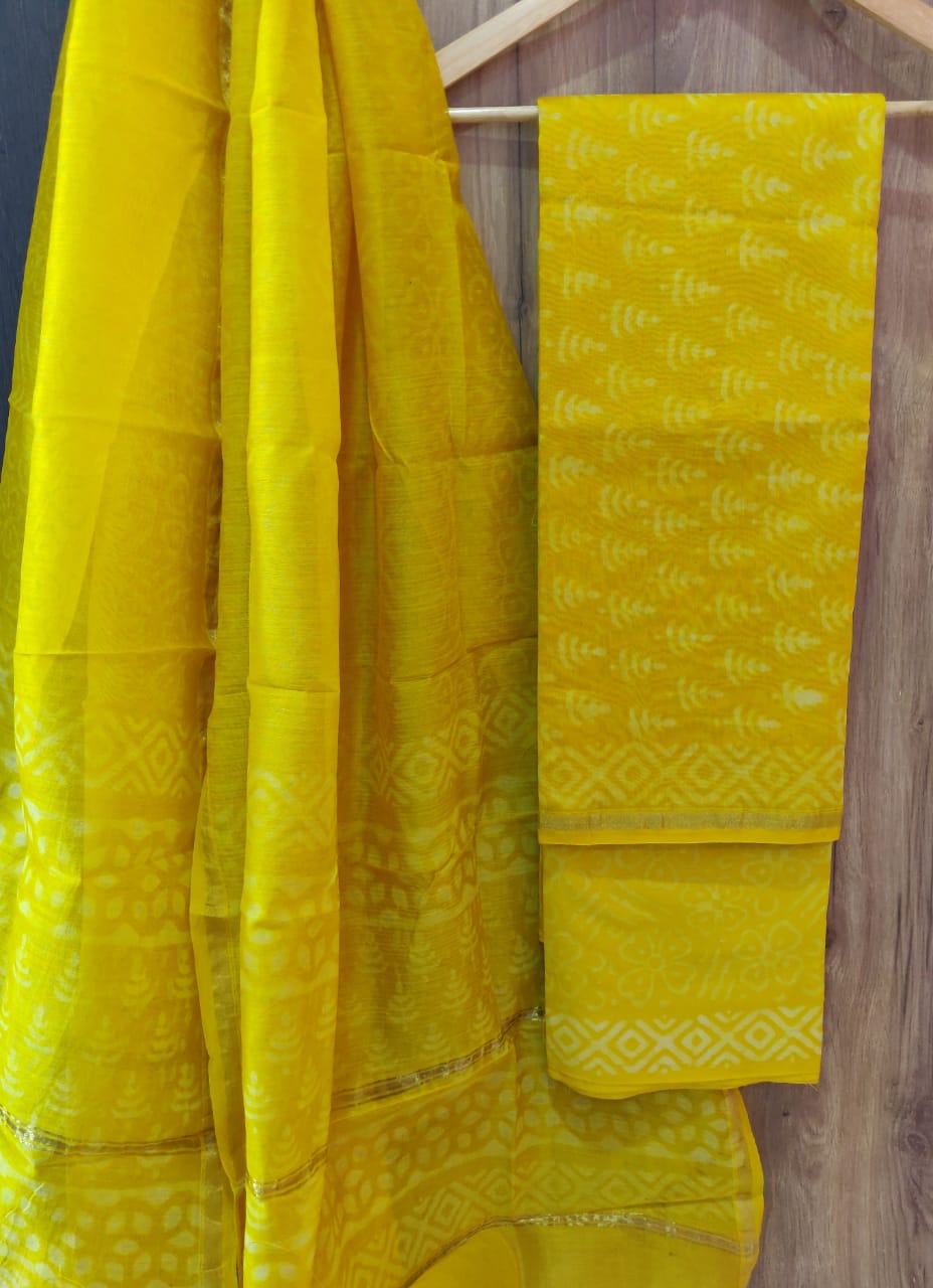 Yellow Leaf Print Chanderi Unstitched Suit Set with Chanderi Dupatta