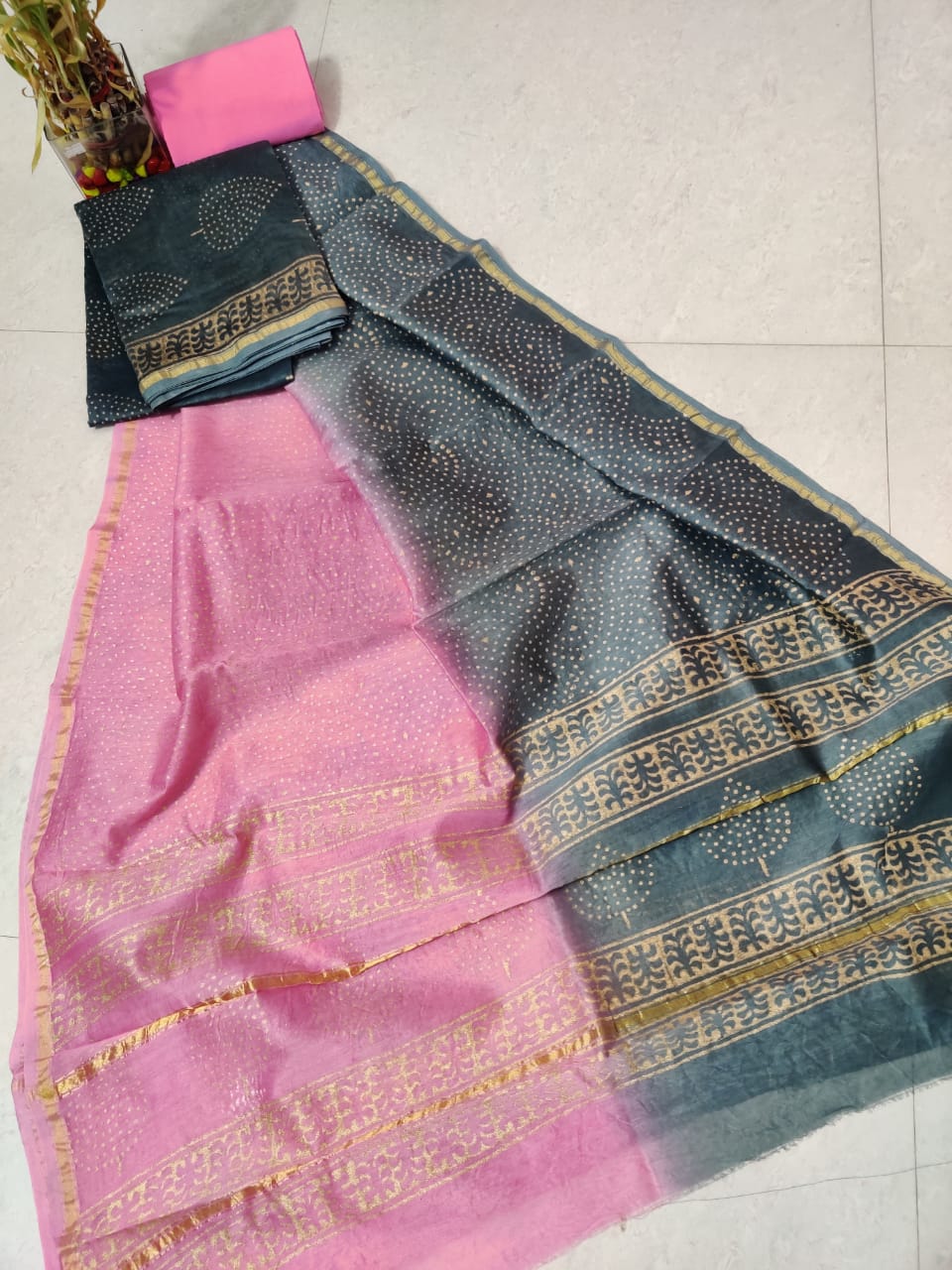 Pink & Green Leaf Hand Block Print Chanderi Unstitched Suit Set with Cotton Bottom