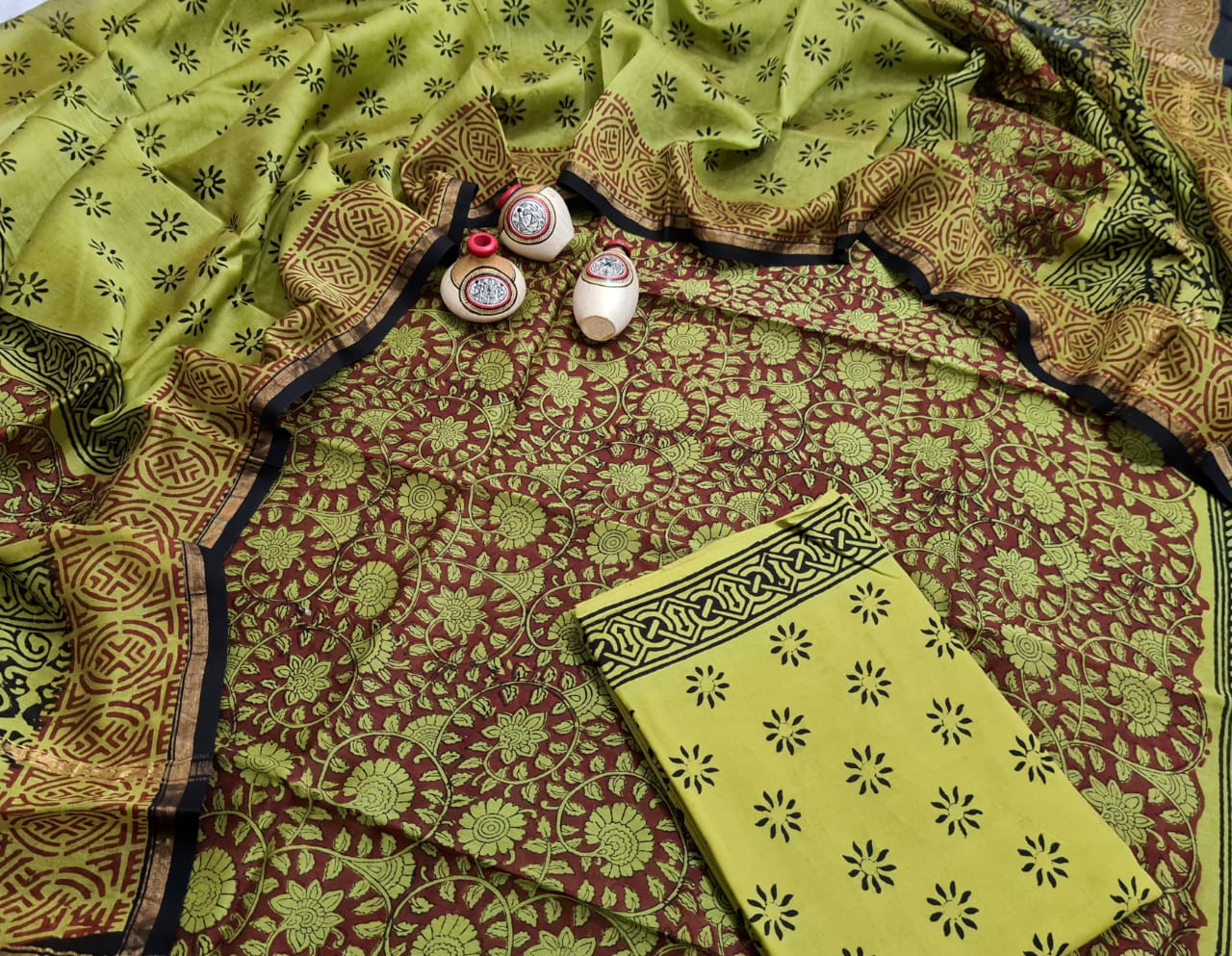 Dark Green Flower Print Hand Block Chanderi Unstitched Suit Set with Cotton Bottom
