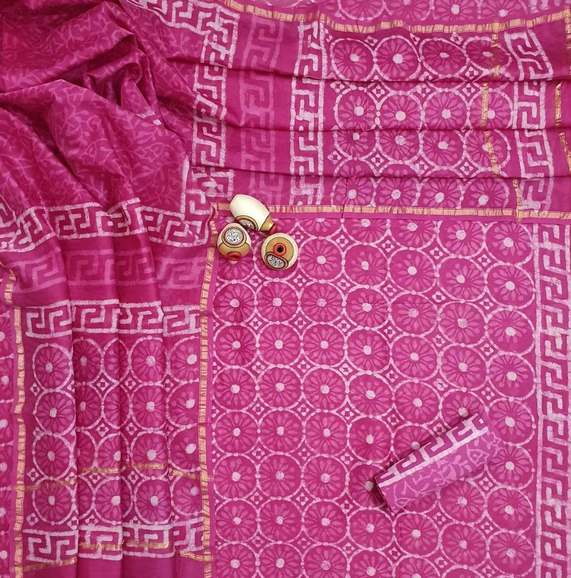 Pink Chakra Print Hand Block Chanderi Unstitched Suit Set with Cotton Bottom