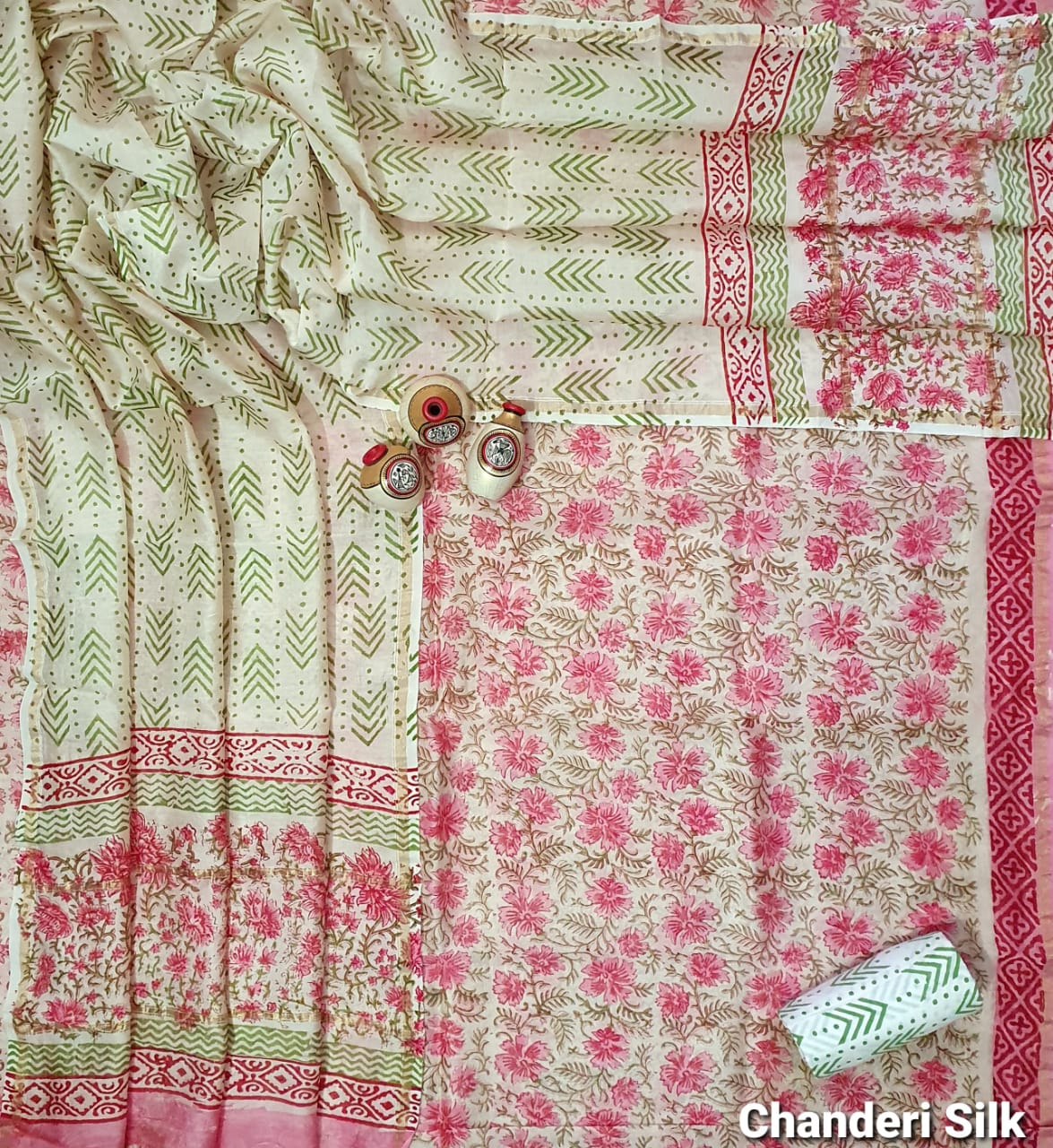 Pink Flower Print Hand Block Chanderi Unstitched Suit Set with Cotton Bottom