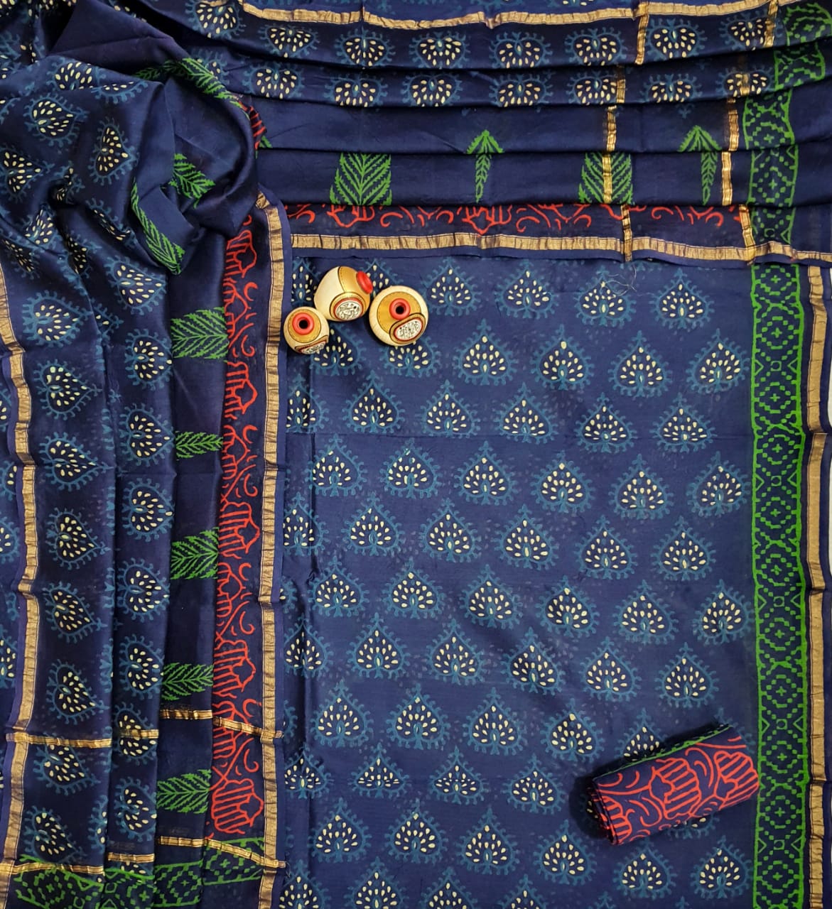 Dark Blue Leaf Print Hand Block Chanderi Unstitched Suit Set with Cotton Bottom