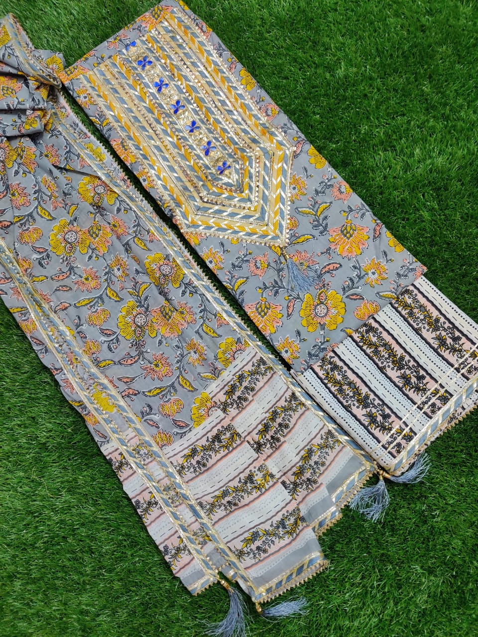 Grey Flower Print Cotton Unstitched Suit Set with Cotton Dupatta