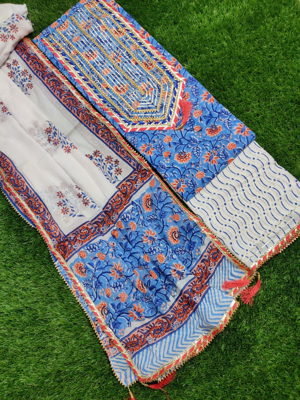 White & Blue Flower Print Cotton Unstitched Suit Set with Cotton Dupatta