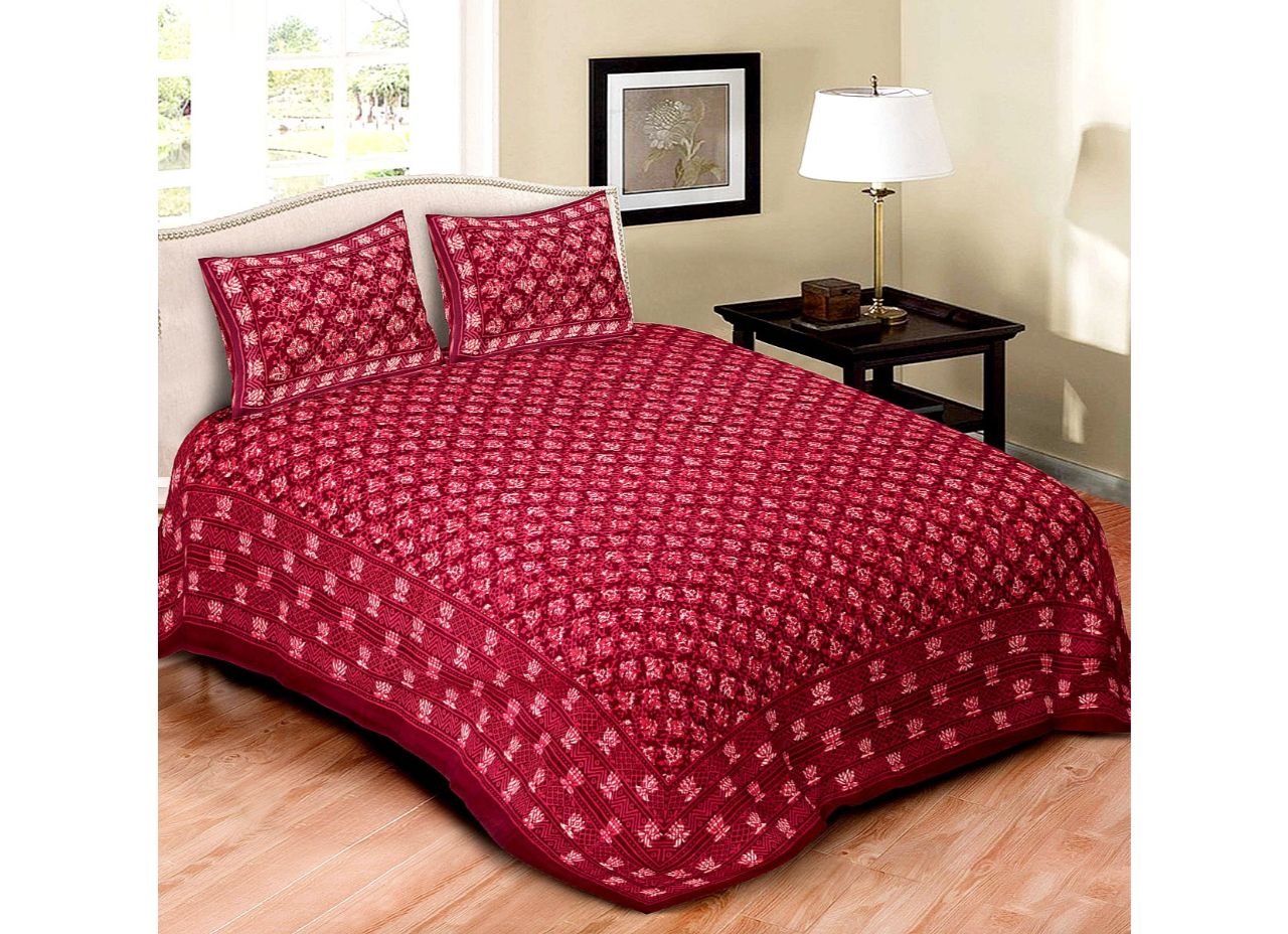 Dabu Red Lotus Print King Size Cotton Bed Sheet