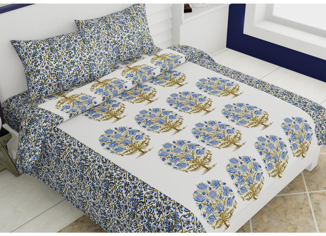 Very Beautiful and Trendy Blue Tree Print King Size Cotton Bed Sheet