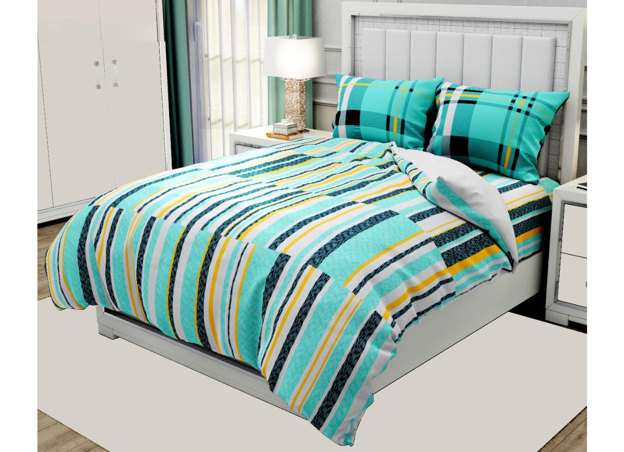 Green & Yellow Stripes Print King Size Twil Cotton Bed Sheet