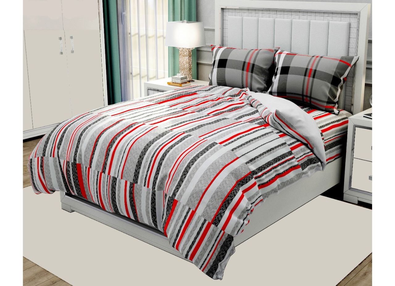 Trendy Red & Grey Geometric Stripes Print King Size XL Premium Twil Cotton Bed Sheet