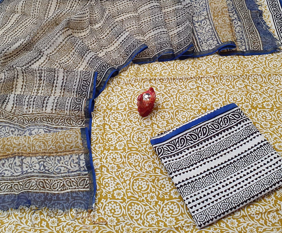 Light Yellow Flower Print Cotton Suit Set with Kota Doria Duppatta