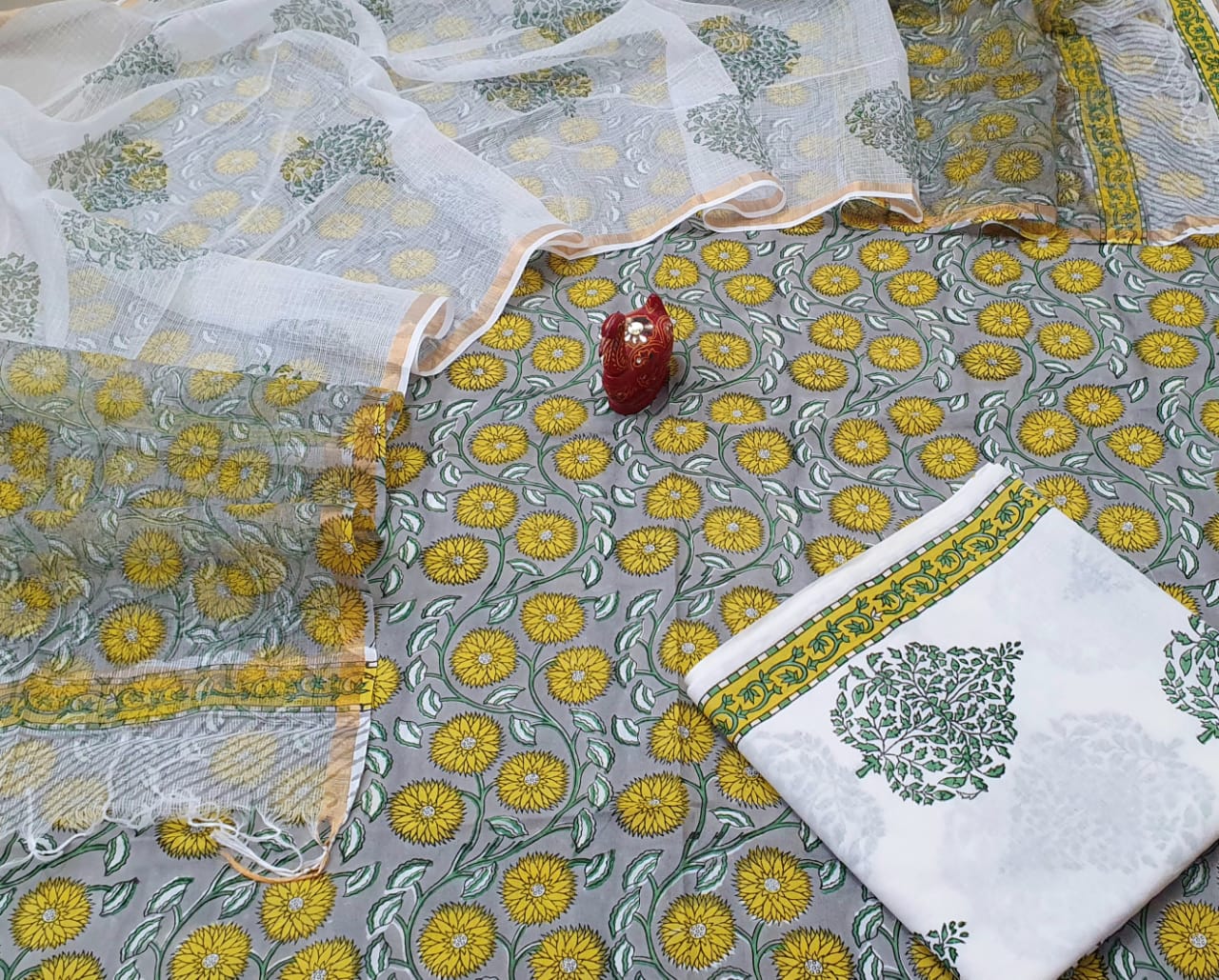 Grey & Yellow Flower Print Cotton Suit Set with Kota Doria Duppatta