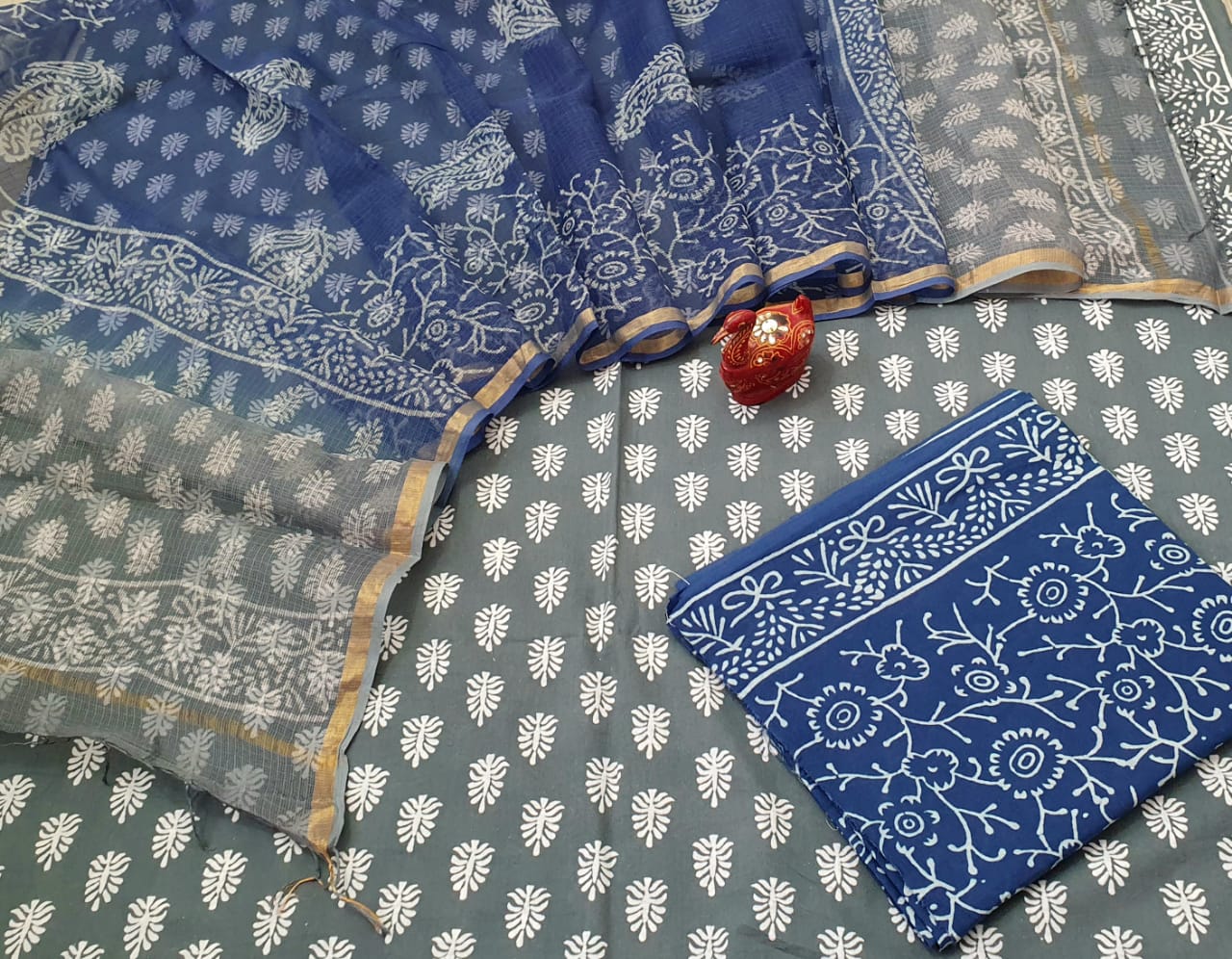 Grey Leaf Print Cotton Suit Set with Kota Doria Duppatta