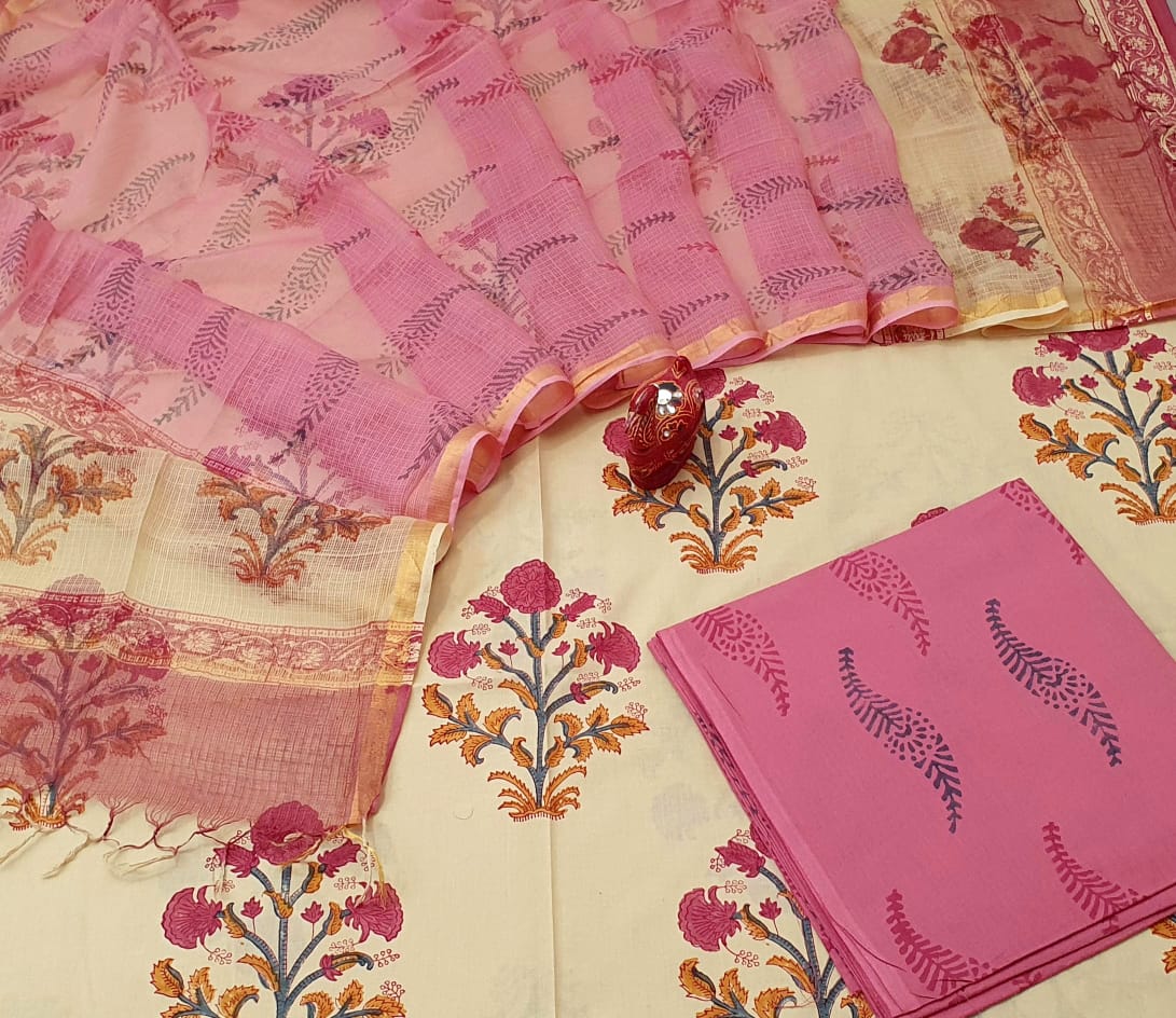 Cream Tree Print Cotton Suit Set with Kota Doria Duppatta