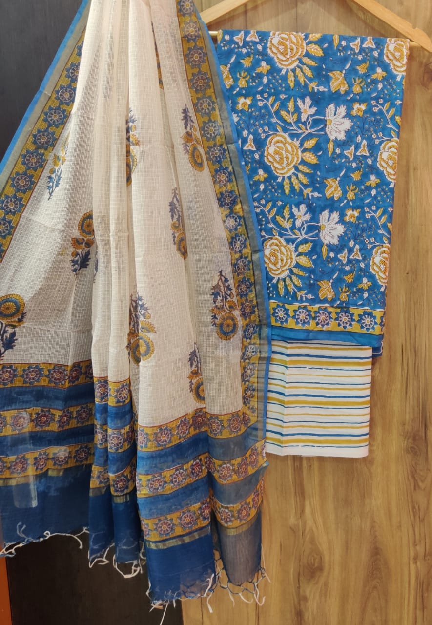 Cream & Blue Flower Print Cotton Suit Set with Kota Doria Duppatta