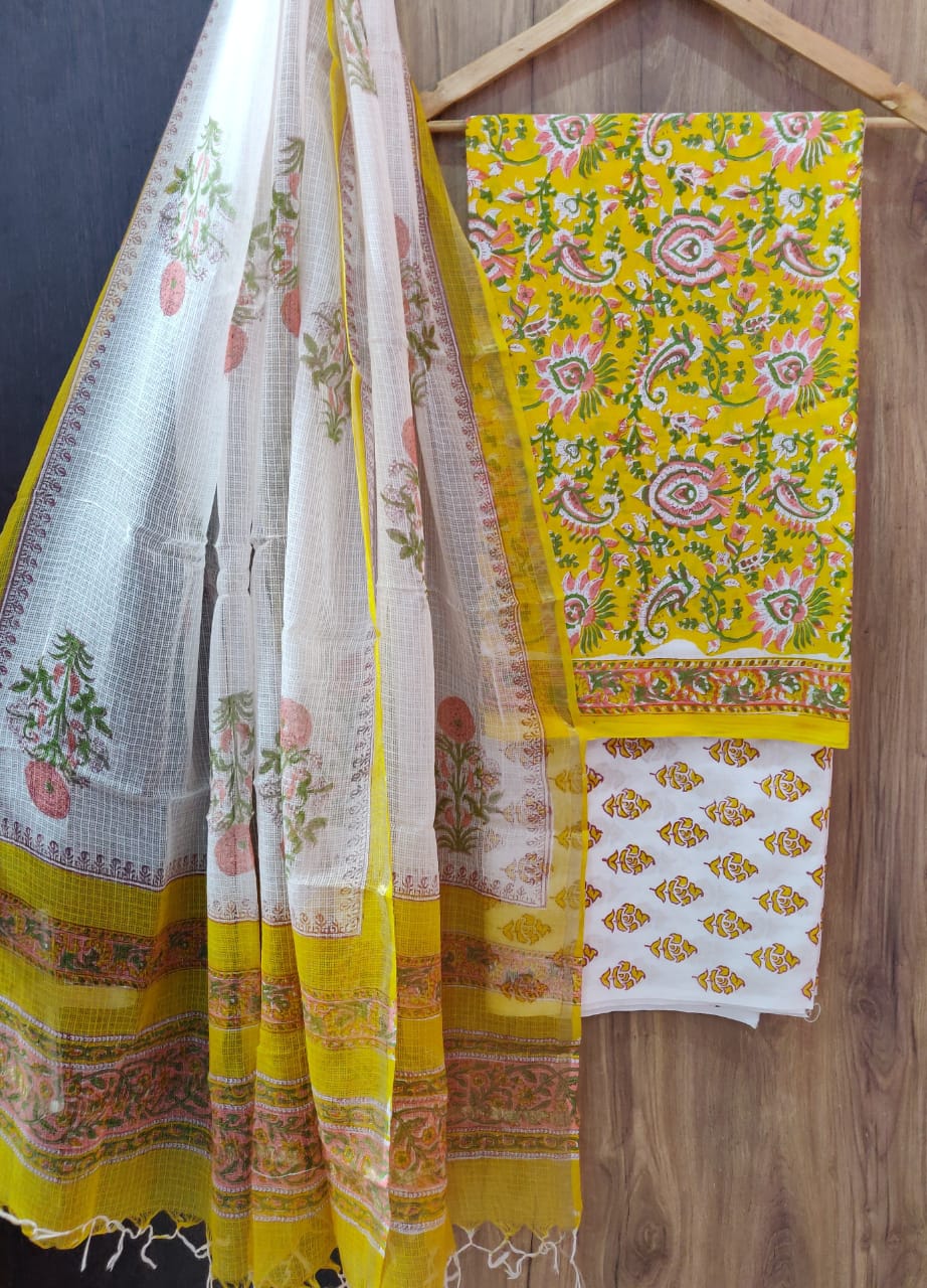 White and Yellow Flower Print Cotton Suit Set with Kota Doria Duppatta