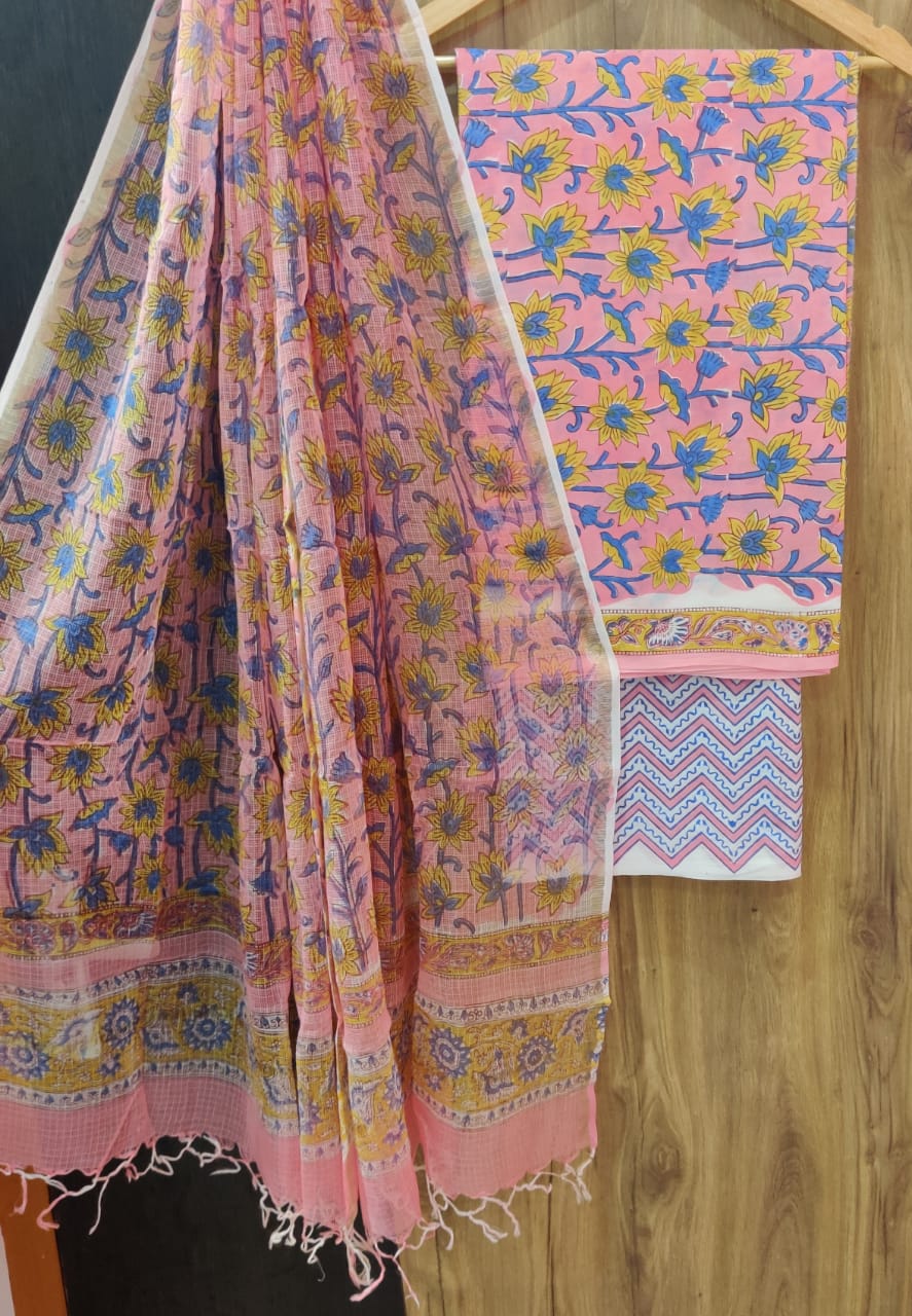 Pink Flower Print Cotton Suit Set with Kota Doria Duppatta