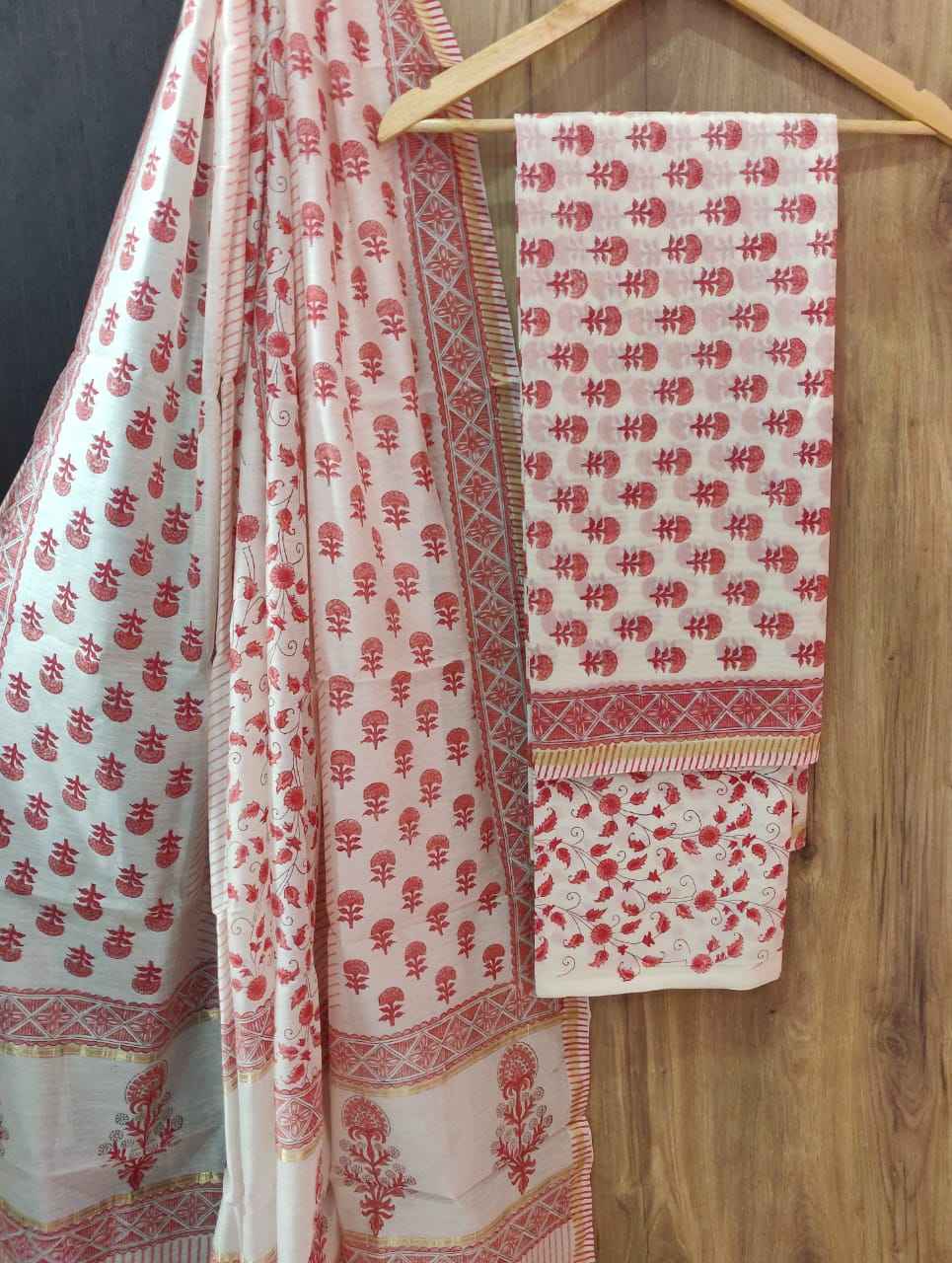 White and Dark Pink Flower Print Chanderi Unstitched Suit Set with Cotton Bottom