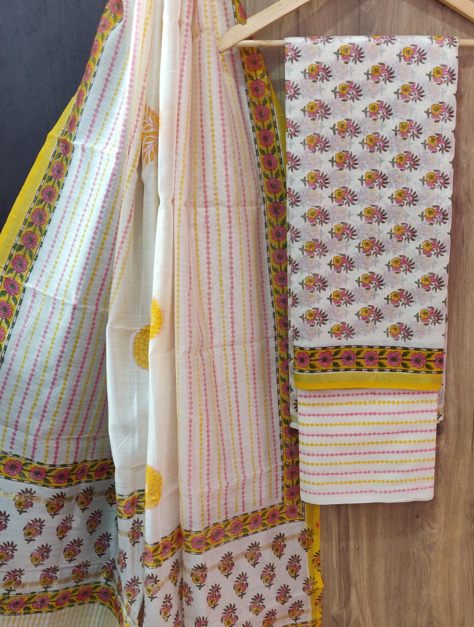 Cream & Orange Flower Print Chanderi Unstitched Suit Set with Cotton Bottom