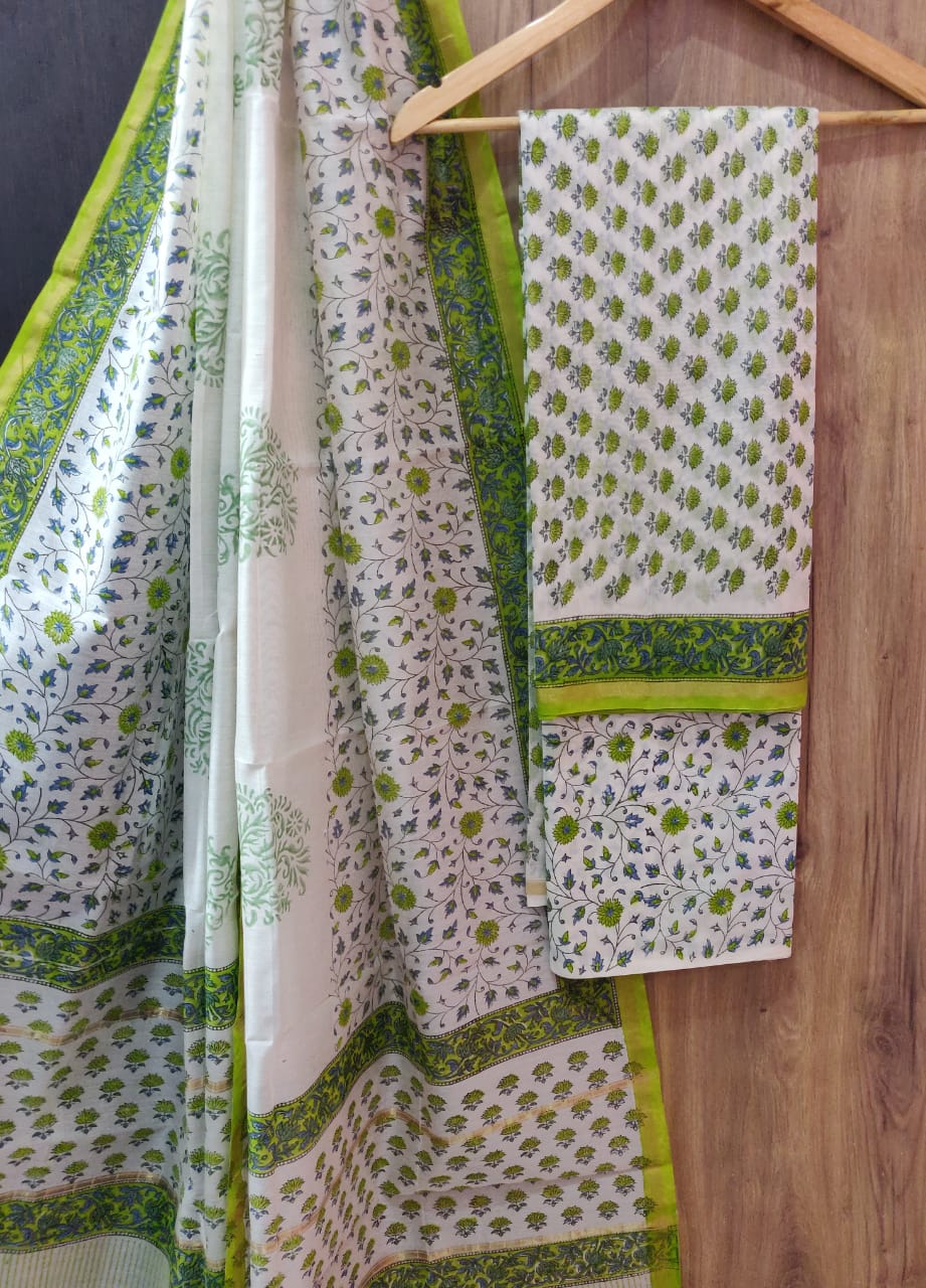 White with Light Green Flower Print Chanderi Unstitched Suit Set with Cotton Bottom