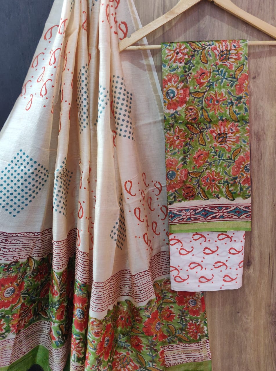 Cream Flower Print Chanderi Unstitched Suit Set with Cotton Bottom