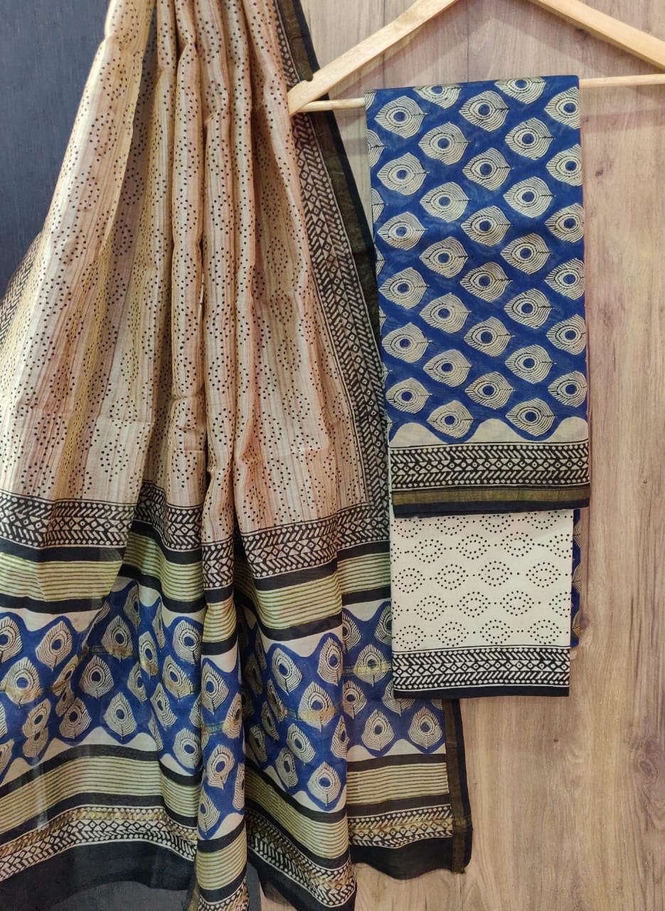 Cream & Blue Leaf Print Chanderi Unstitched Suit Set with Cotton Bottom