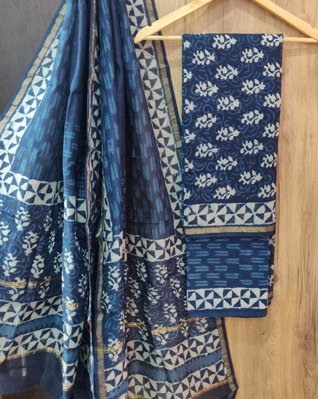Dark Blue Leaf Print Chanderi Unstitched Suit Set with Cotton Bottom