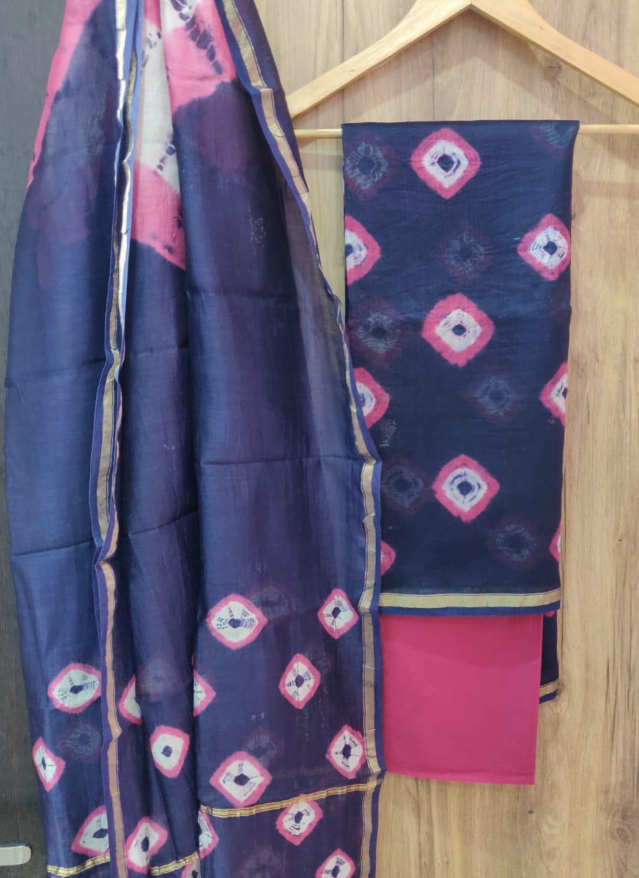 Dark Blue Flower Print Chanderi Unstitched Suit Set with Cotton Bottom