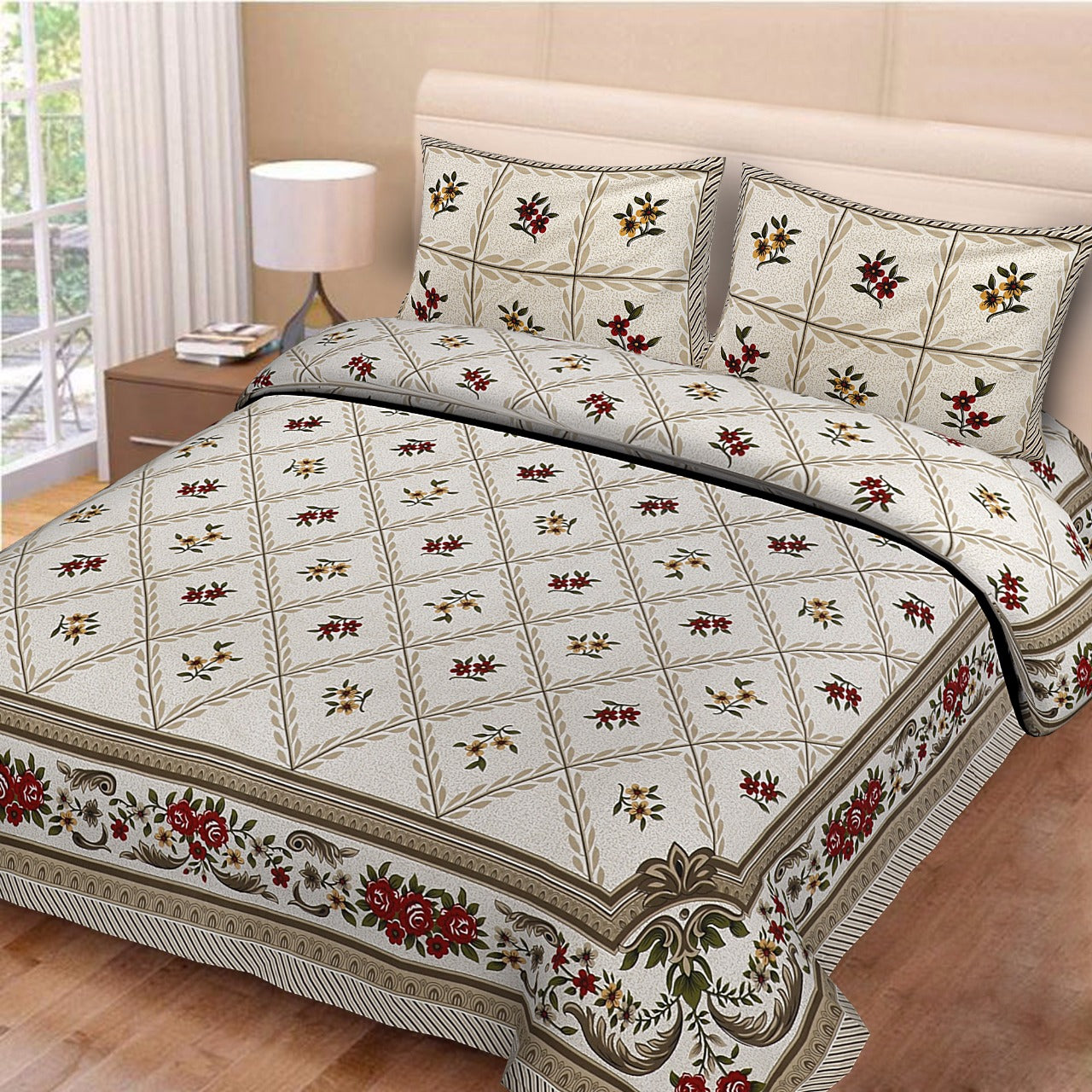 Beautiful Beige Base Red Flower Print King Size Cotton Bed Sheet