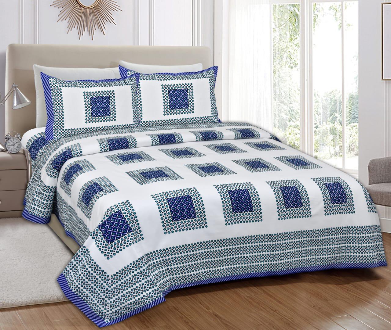 White Base Blue Square Print King Size Cotton Bed Sheet