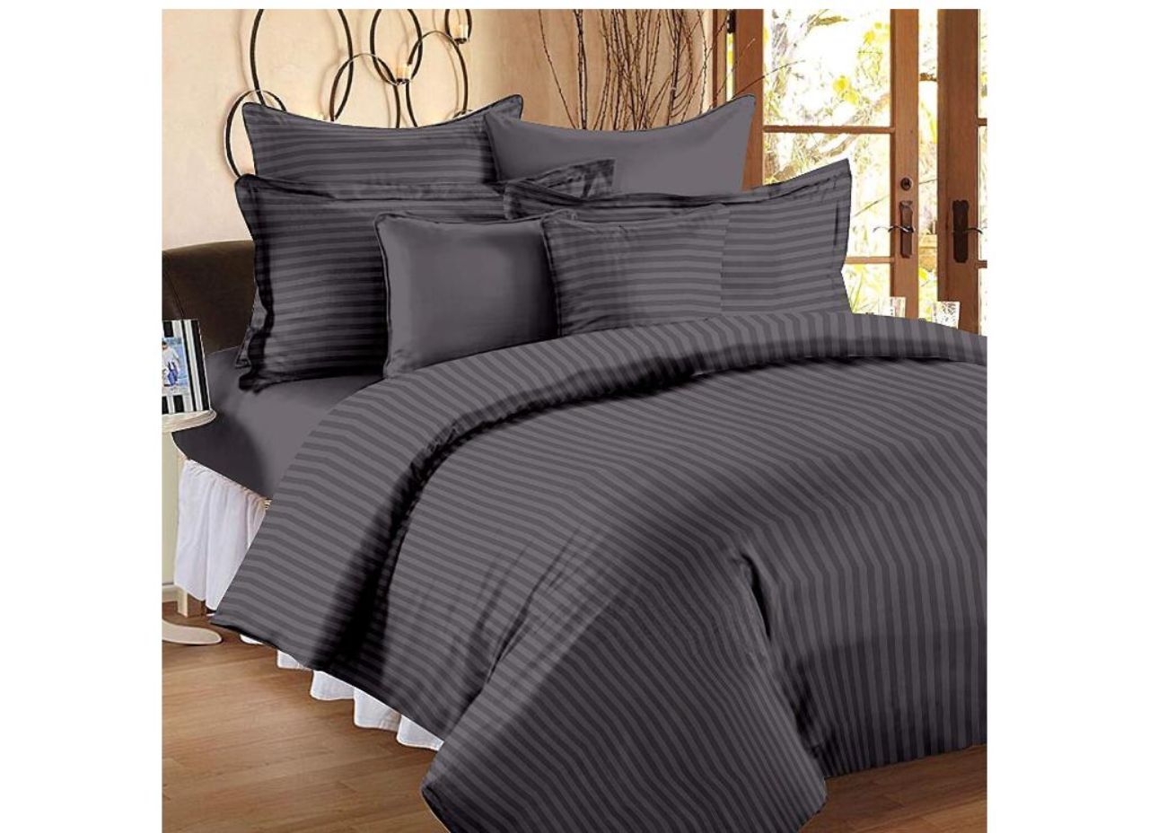 Solid Grey Cotton Bed sheet With Satin Stripes