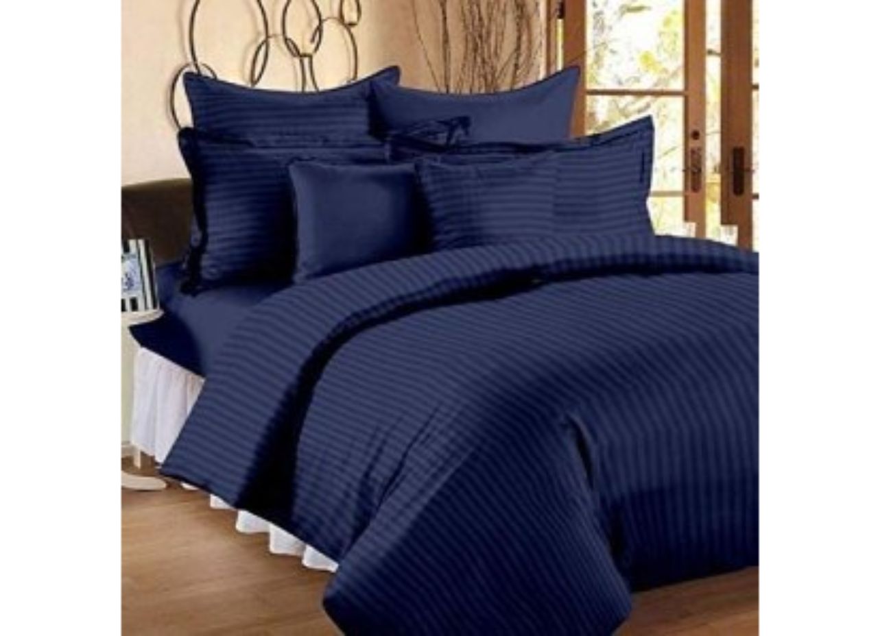 Premium Fabric Solid Blue XL King size Cotton Bed sheet With Satin Stripes