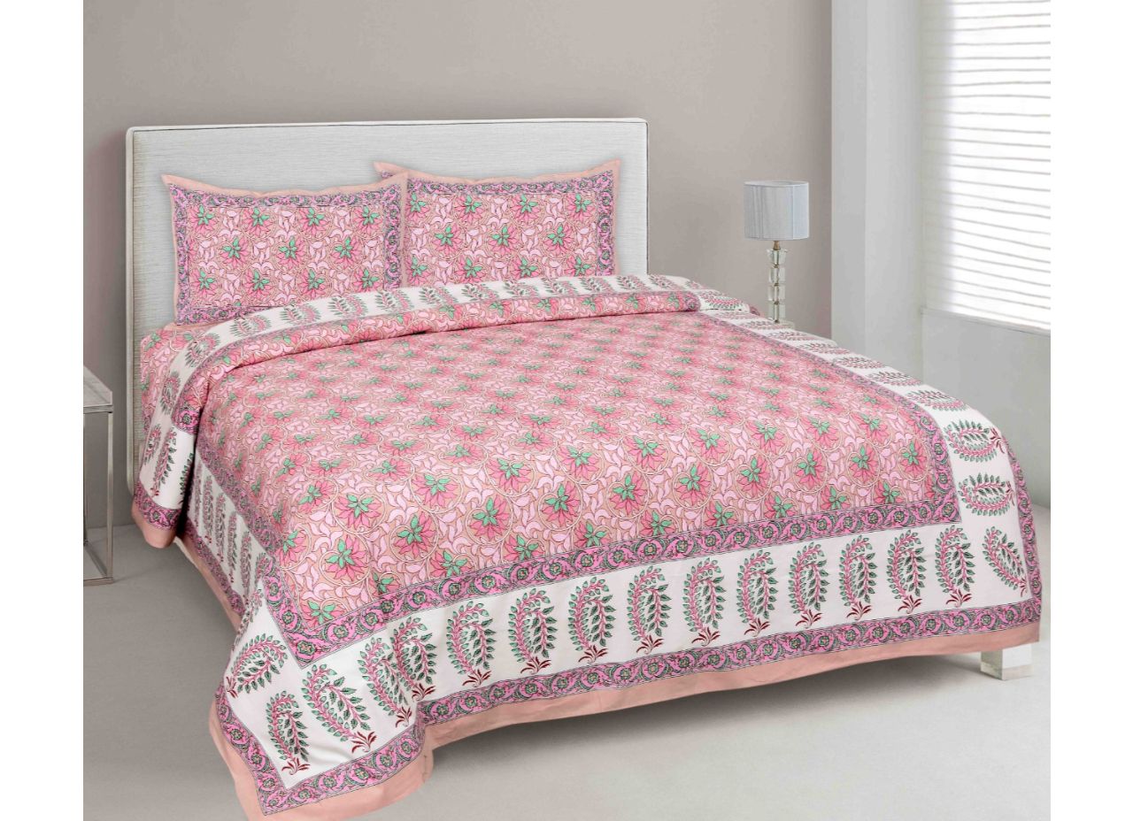 Pink Base Green Flower Print King Size Cotton Bed Sheet