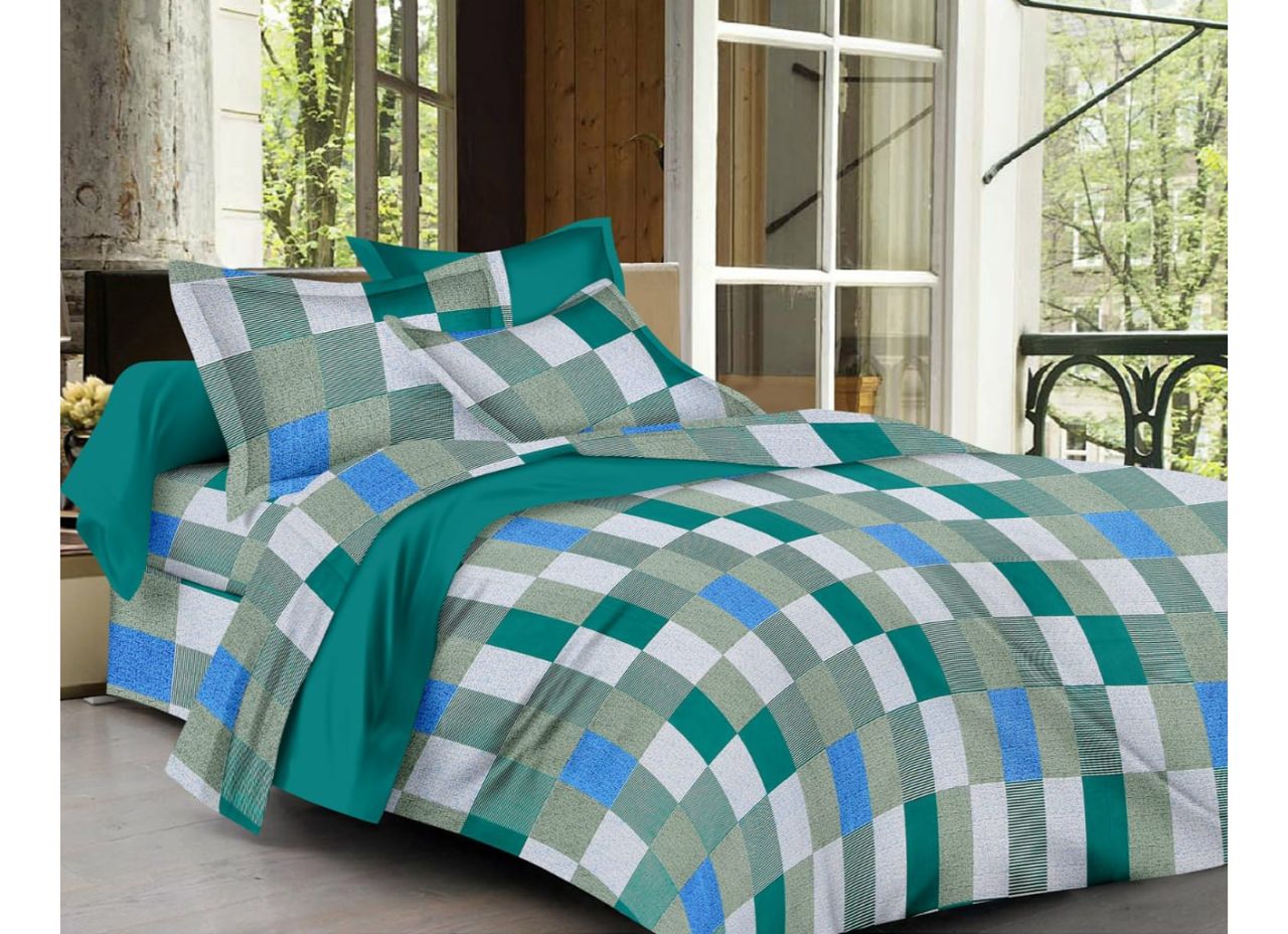 Green and White Checks Print King Size Cotton Bed Sheet
