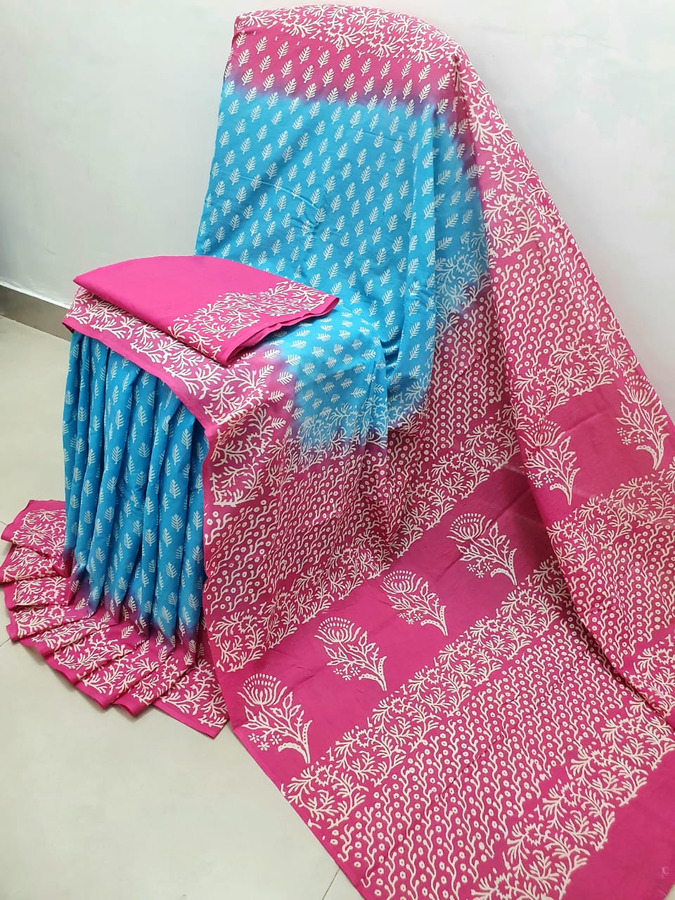 Pink & Blue Leaf Print Cotton Mul Mul Saree with Blouse