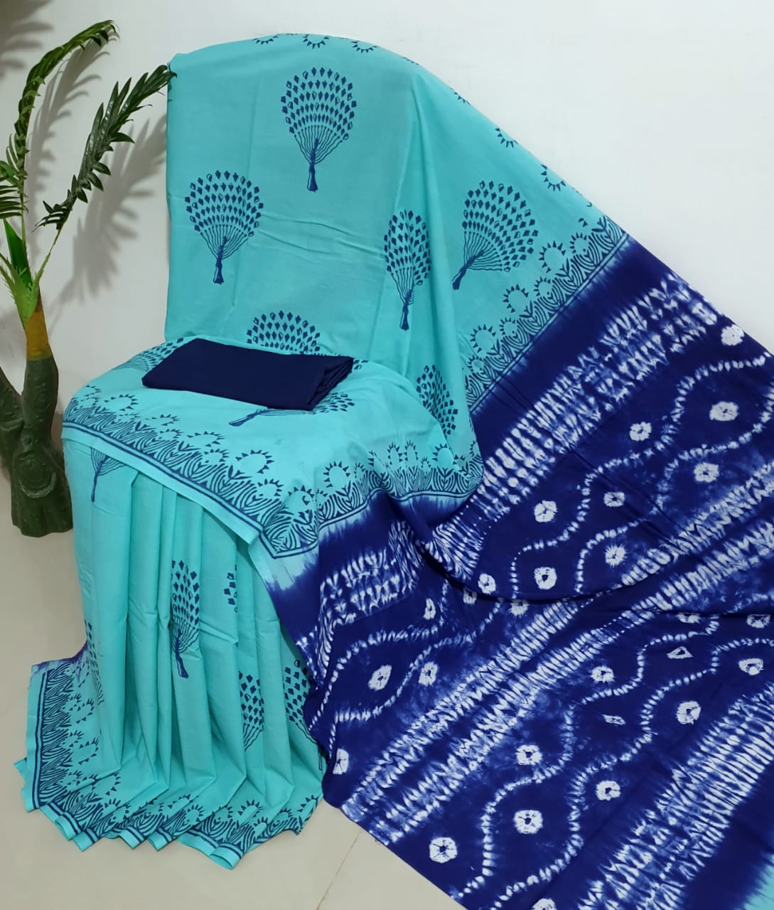 Light Blue Flower Print Cotton Mul Mul Saree with Blouse