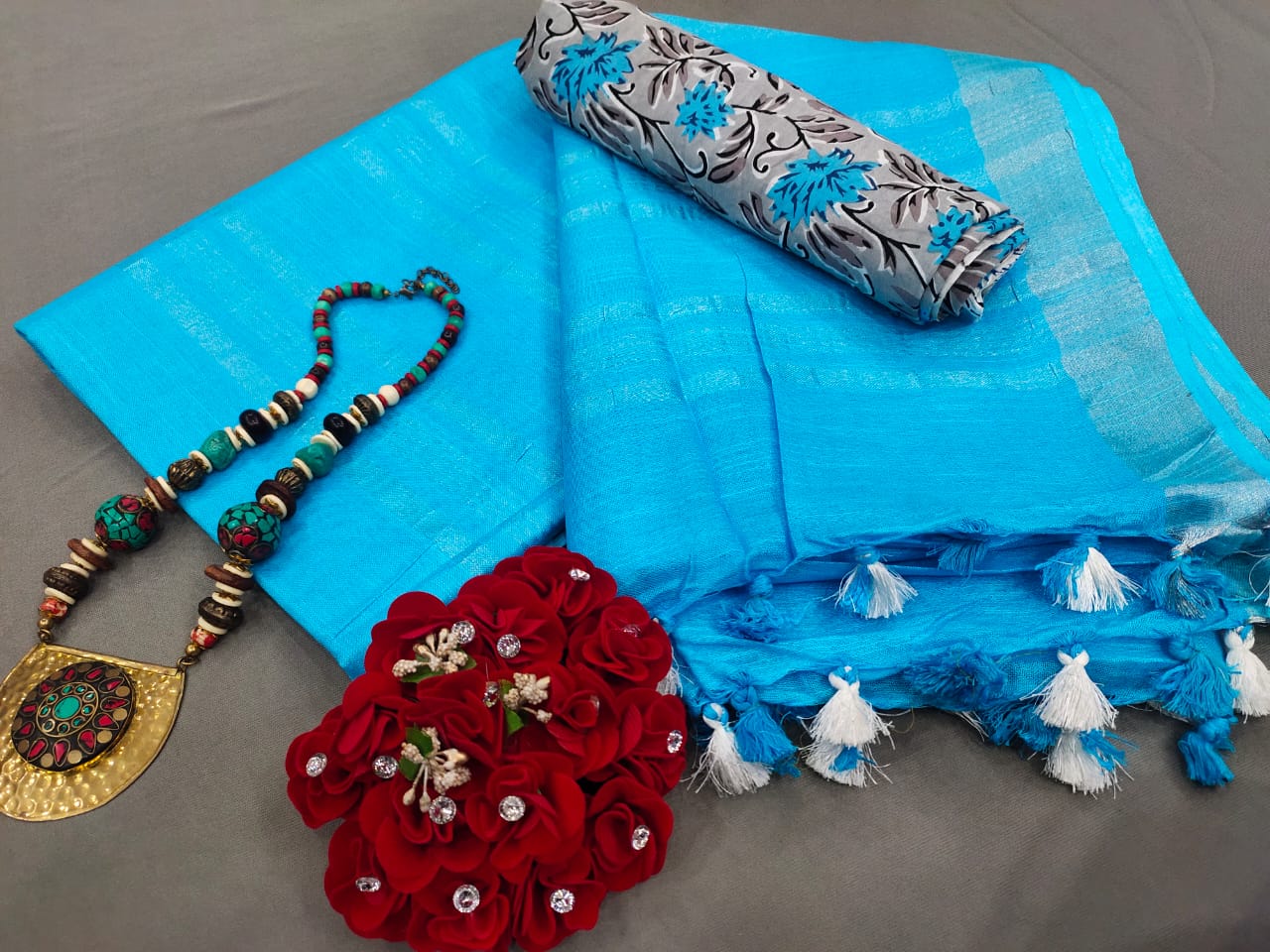 Blue Handloom Cotton Linen Saree with Blouse