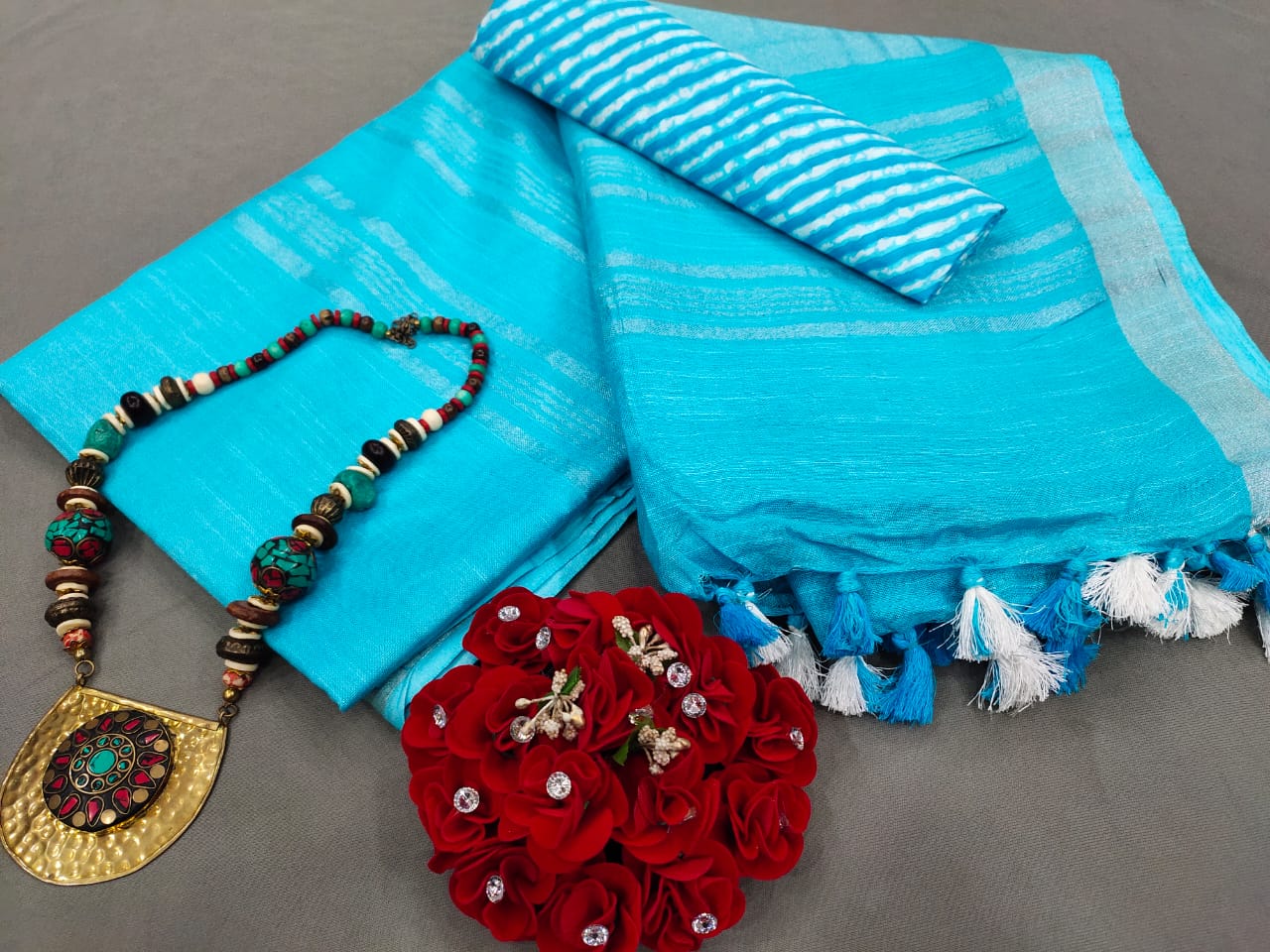 Blue Handloom Cotton Linen Saree with Blouse