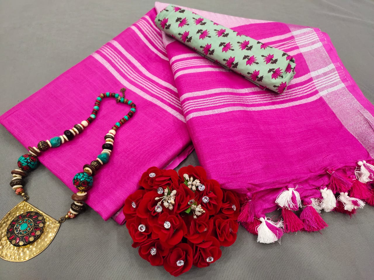 Pink Handloom Cotton Linen Saree with Blouse