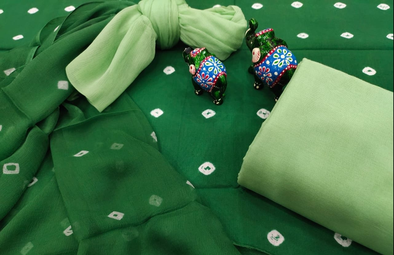 Green Bandhej Print Cotton Unstitched Suit Set with Chiffon Dupatta