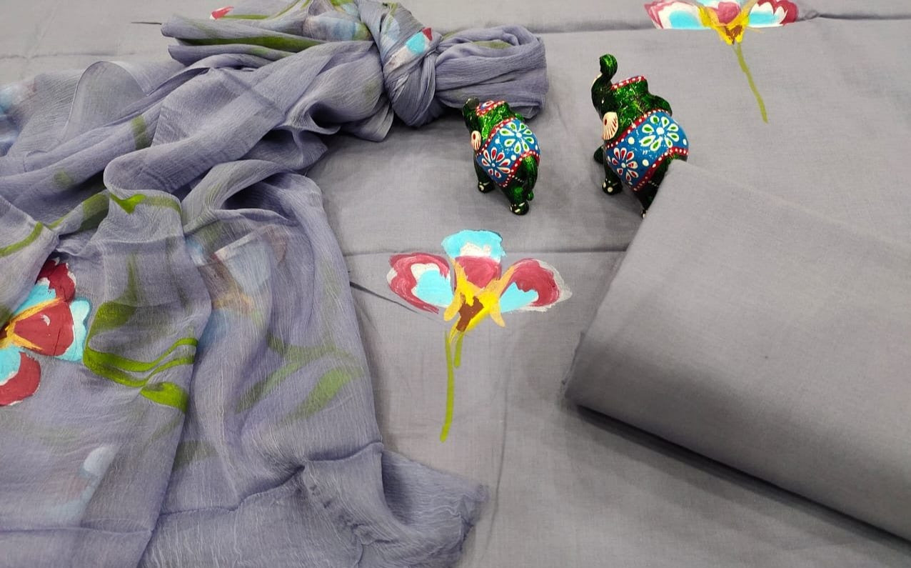 Grey Flower Print Cotton Unstitched Suit Set with Chiffon Dupatta