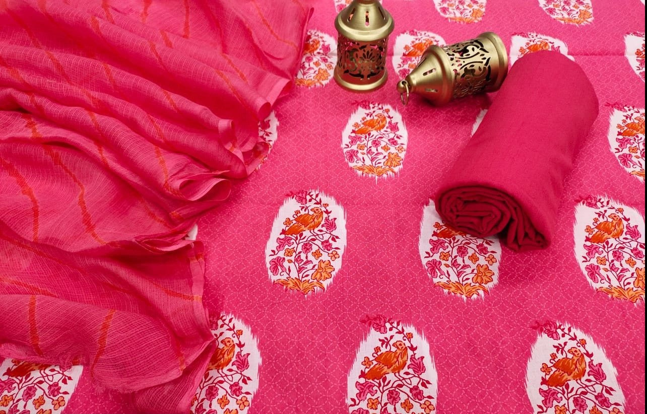 Red Flower Print Cotton Suit Set with Kota Doria Duppatta