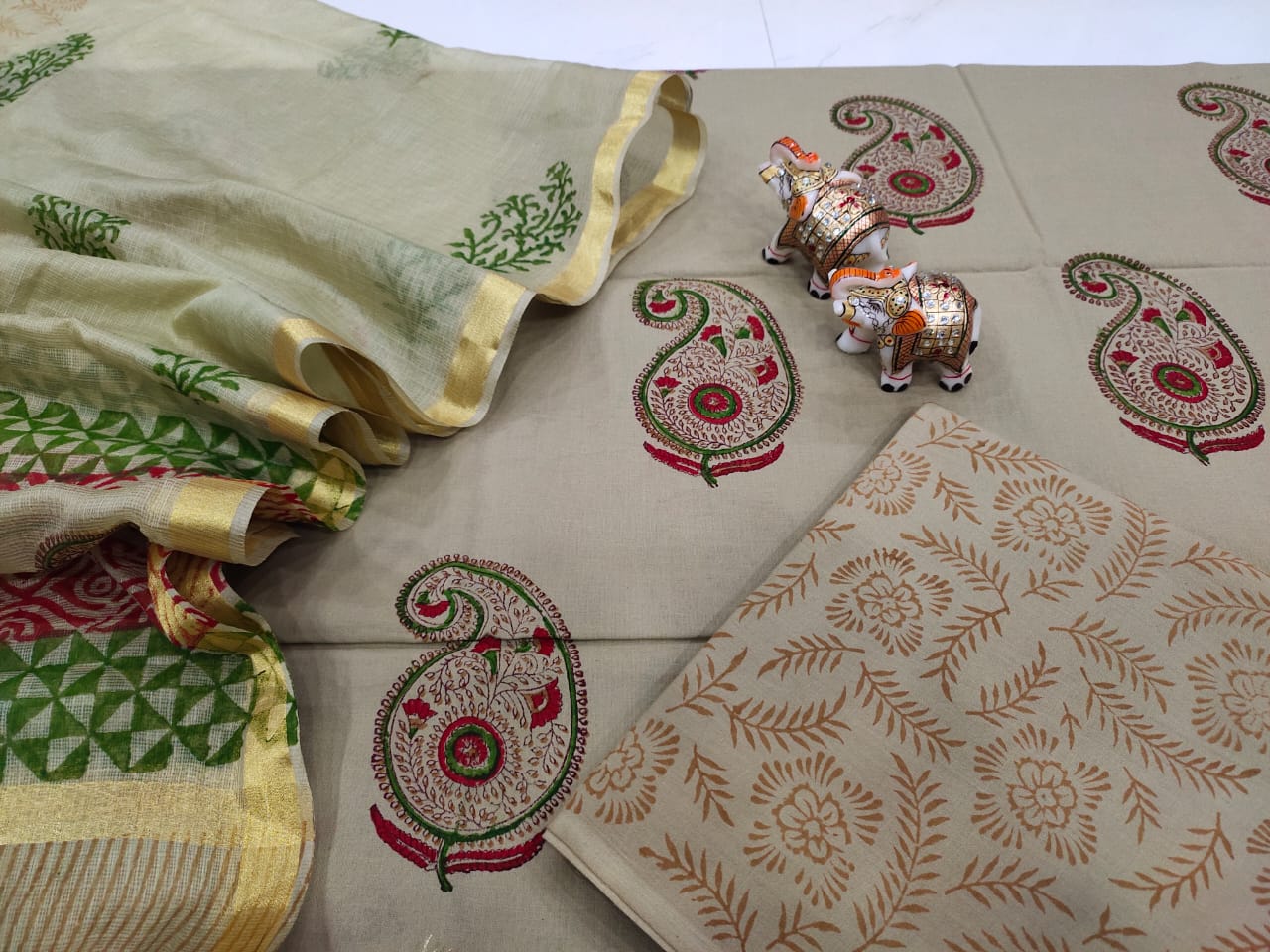Grey Leaf Print Cotton Suit Set with Kota Doria Duppatta
