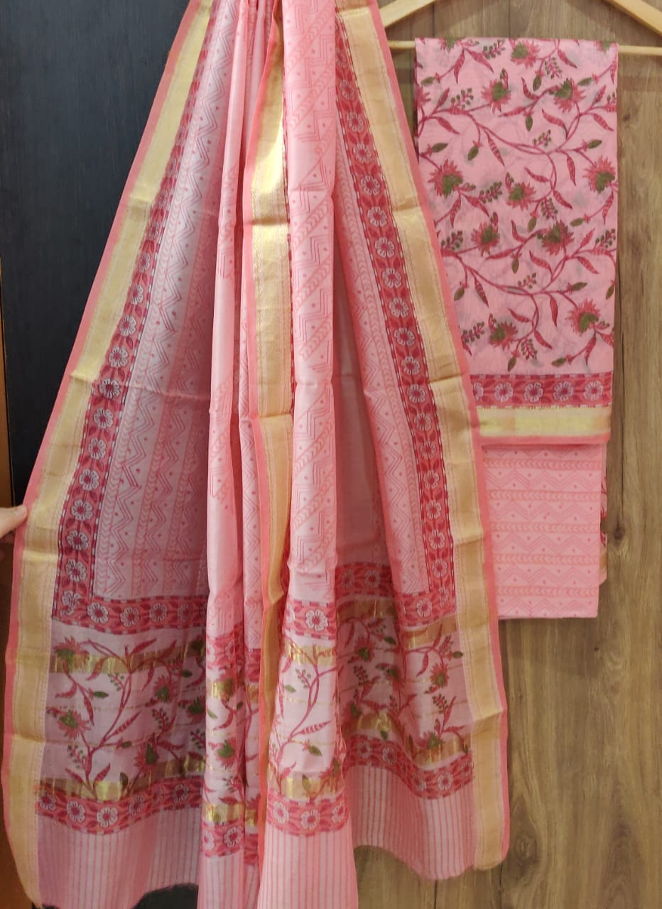 Pink Flower Print Maheshwari Silk  Suit Unstitched with Silk Dupatta