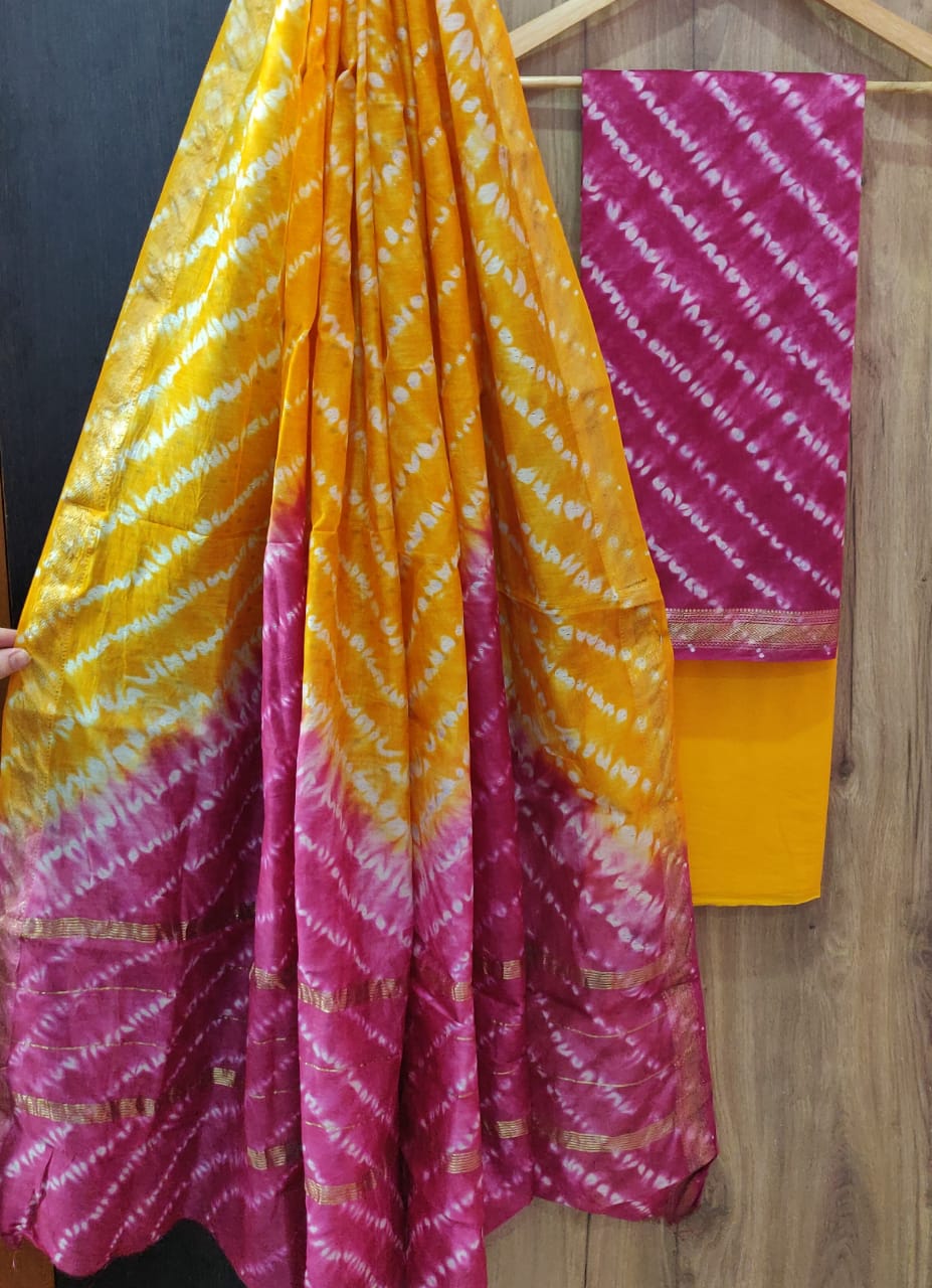 Yellow & Pink Strips Print Maheshwari Silk  Suit Unstitched with Silk Dupatta
